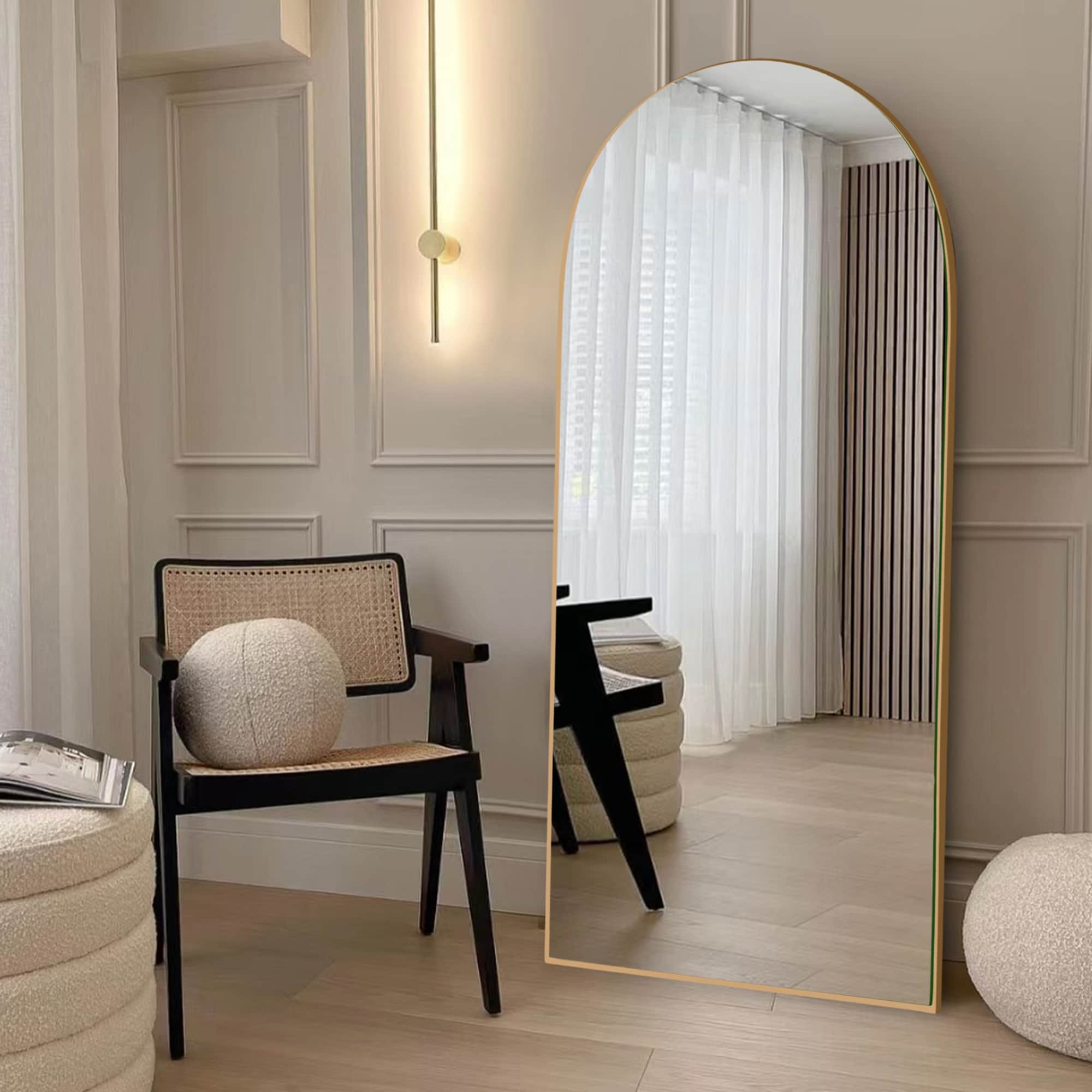 Modern Arched Full-Length Wood Floor Standing Mirror