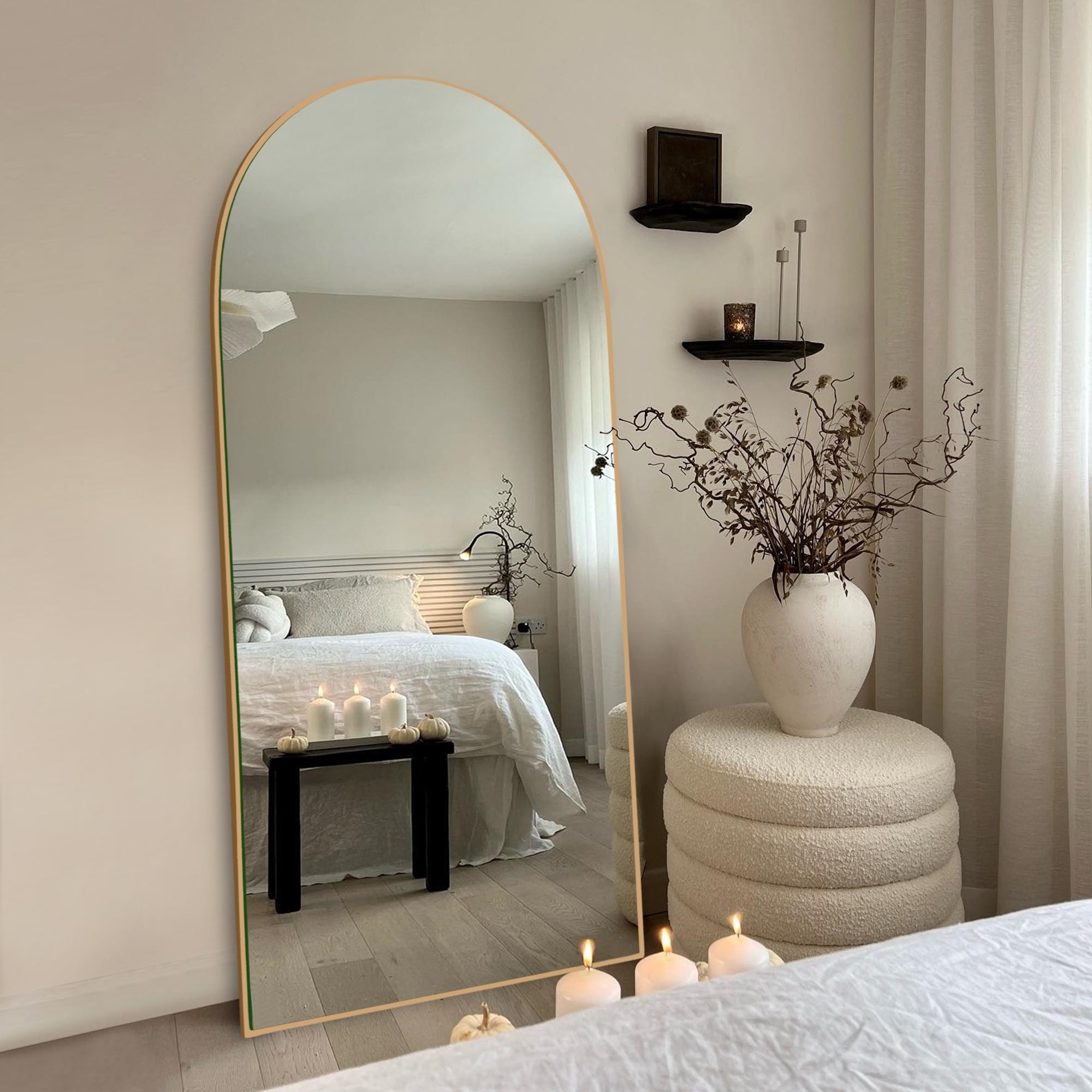 Modern Arched Full-Length Wood Floor Standing Mirror