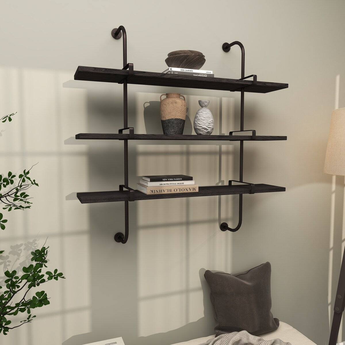 Wood 2 or 3 Level Wall Shelf with Black Metal Brackets - Brown or Gray - Roche River Decor