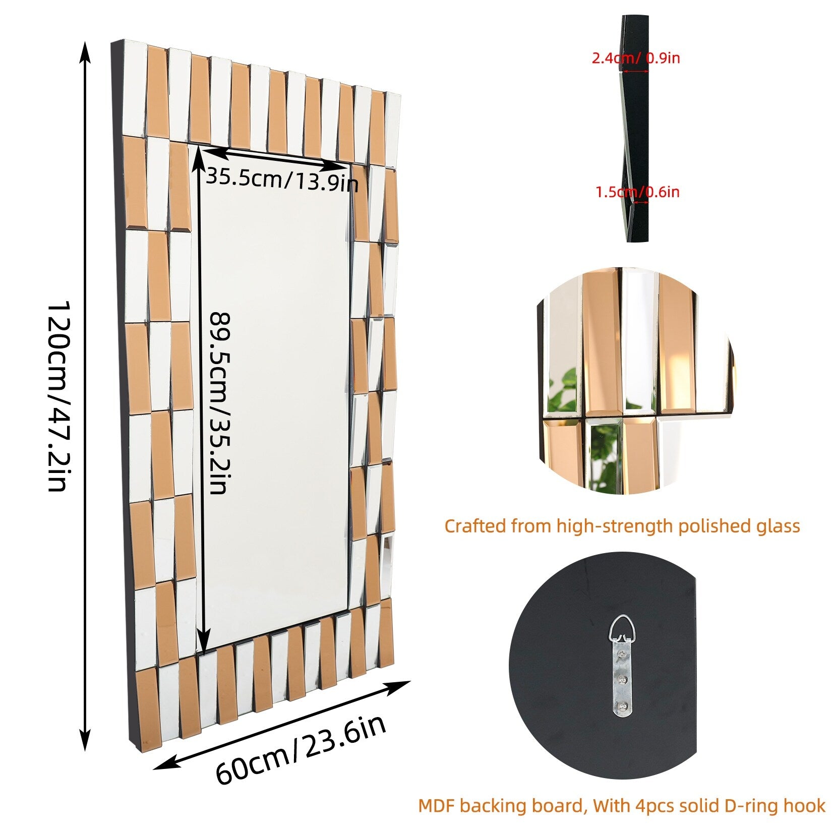 Rectangular Sunburst Wall Mirror with Silver Gold Beveled Glass