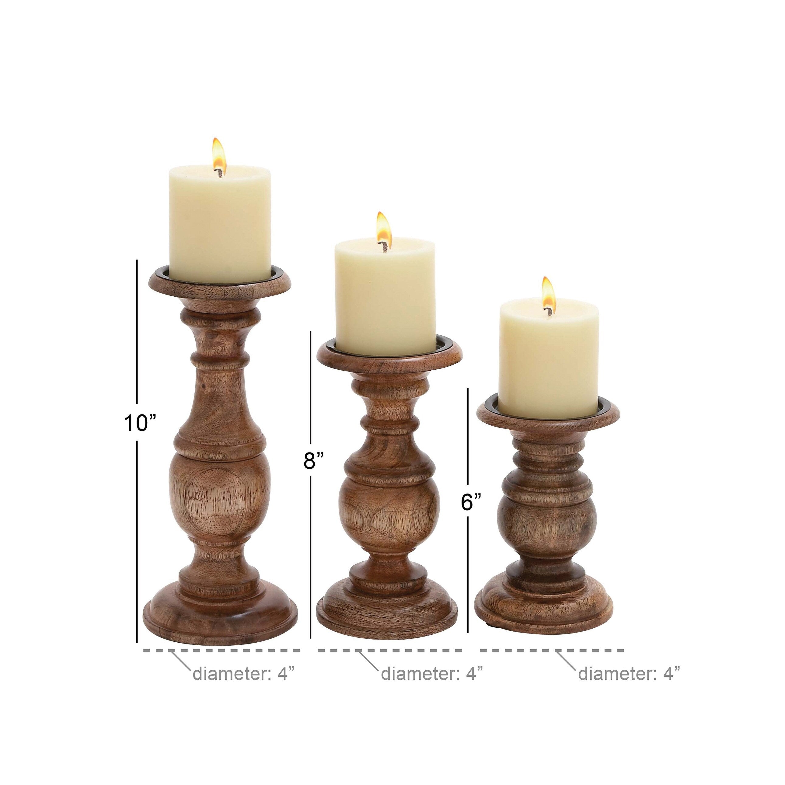 Mango Wood Turned Style Pillar Candle Holder (Set of 3) - White, Brown, Gold, Black, Light Blue, Cream, Silver