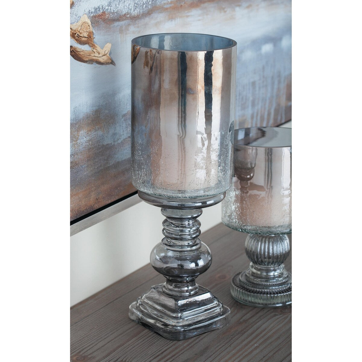 Glass Handmade Turned Style Pillar Hurricane Lamp with Smoked Glass Finish - Brass, Black, Gold, Brown - Roche River Decor