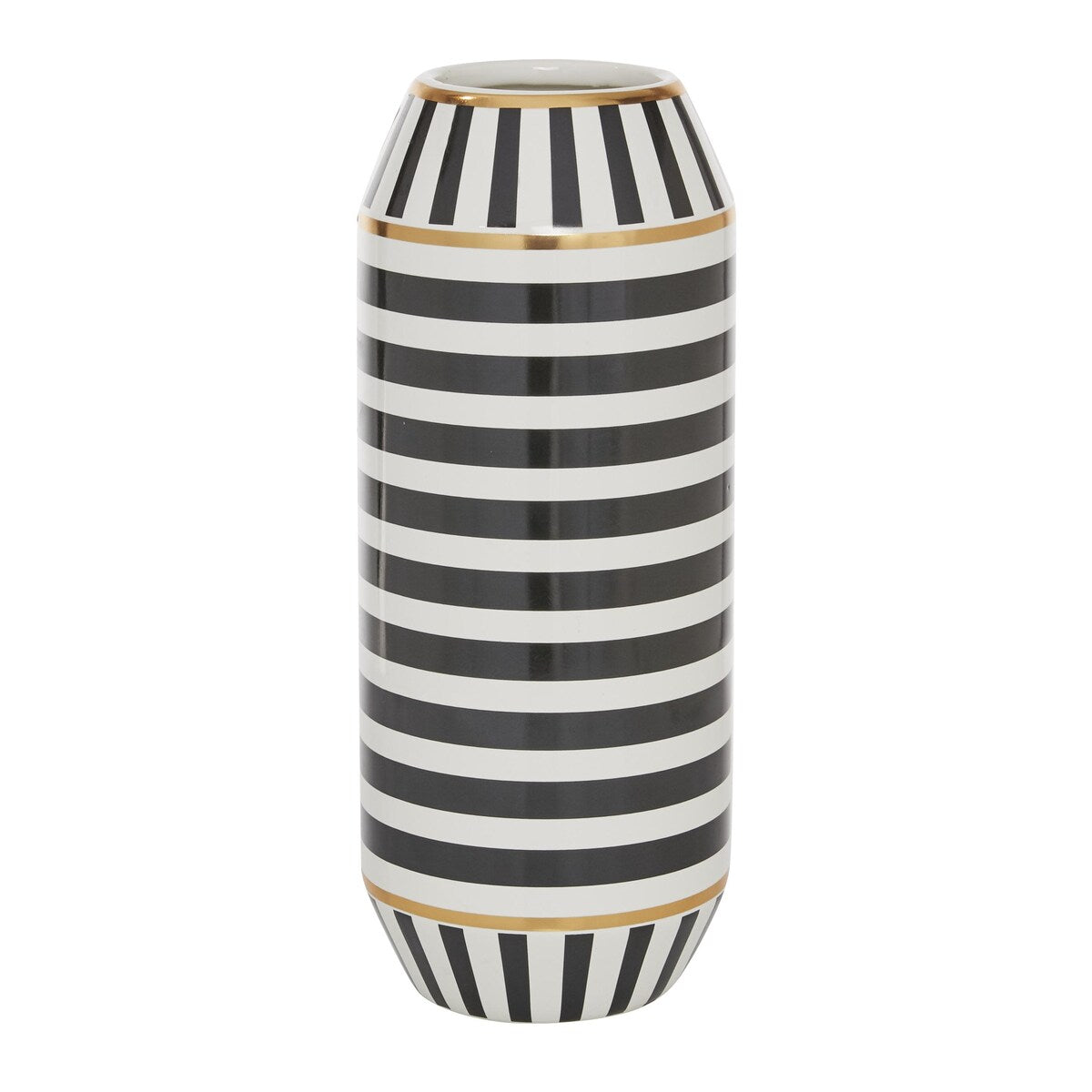 Ceramic Striped Decorative Vase with White and Gold Accents - Black - Roche River Decor