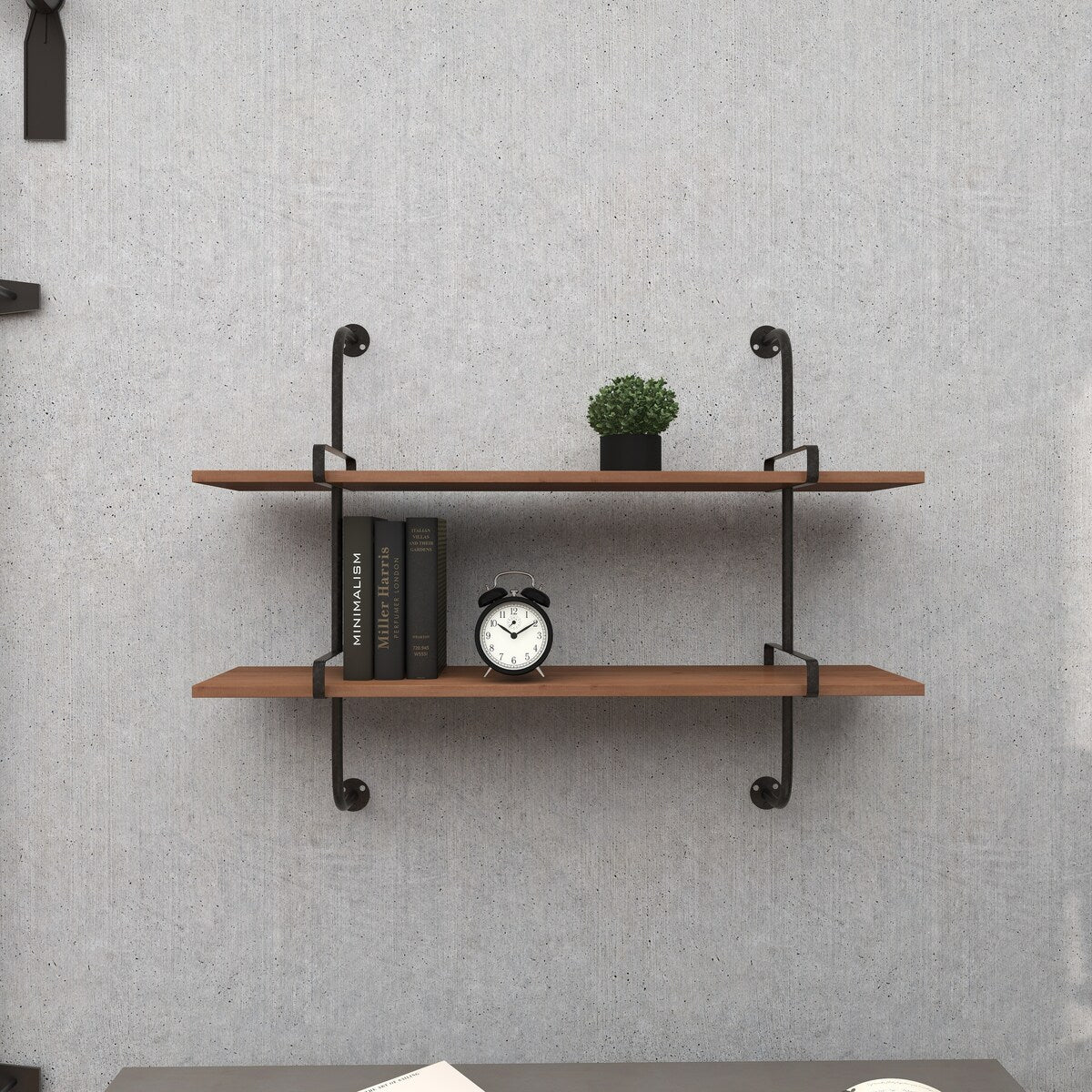 Wood 2 or 3 Level Wall Shelf with Black Metal Brackets - Brown or Gray - Roche River Decor