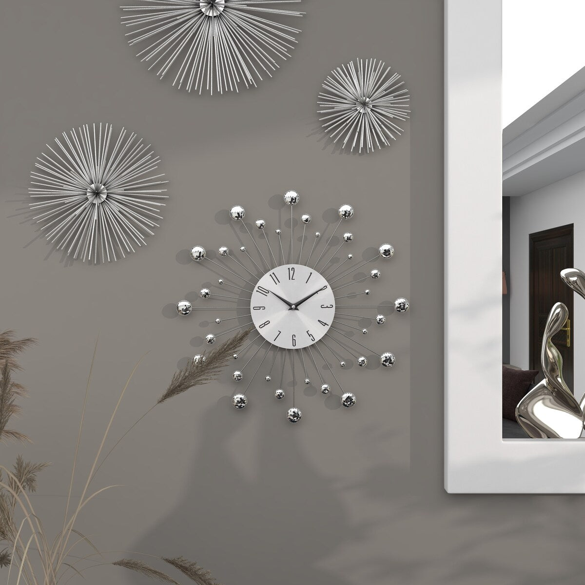 Metal Starburst Decorative Wall Clock with Crystal Accents - Gold, Brown, Silver, Copper - Roche River Decor