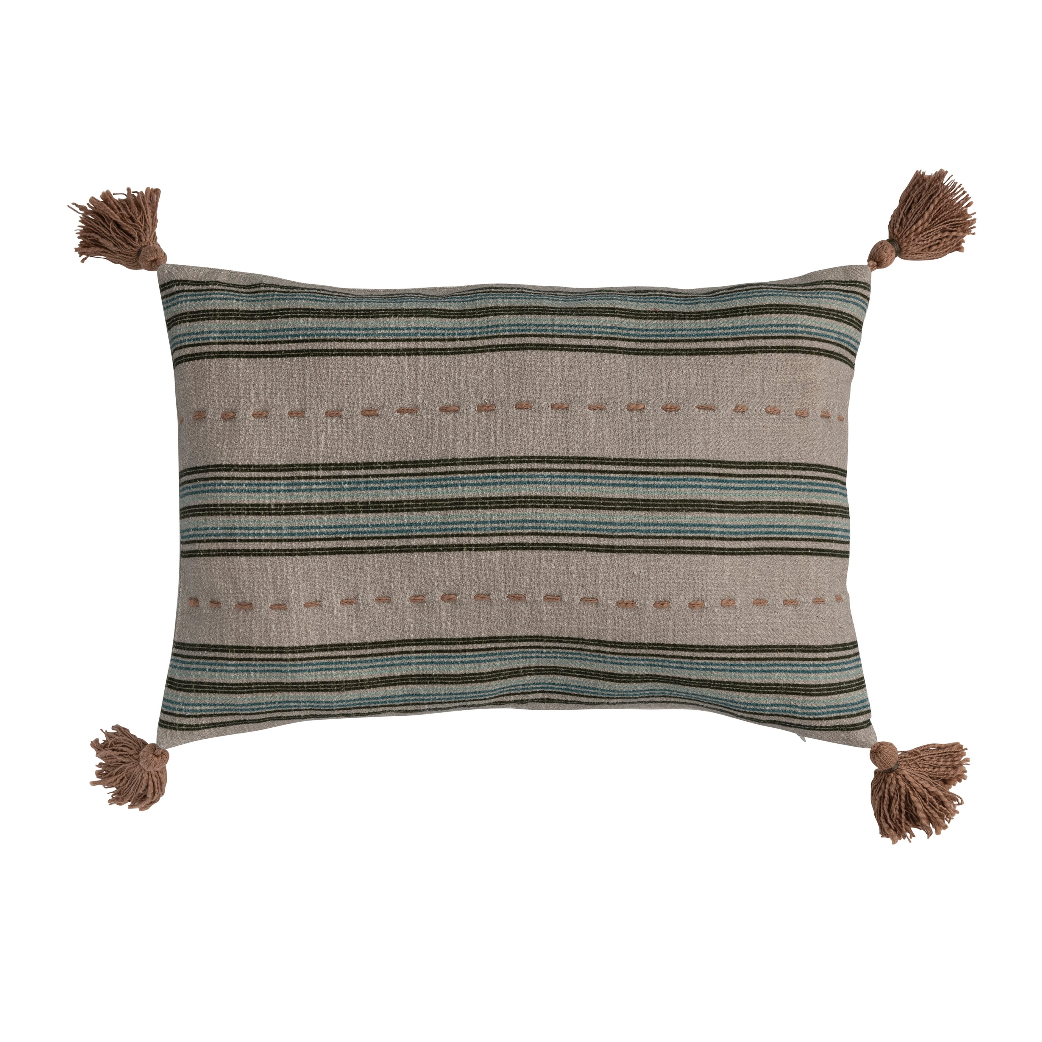 Cotton Slub Lumbar Pillow with Hand-Embroidered Stripes