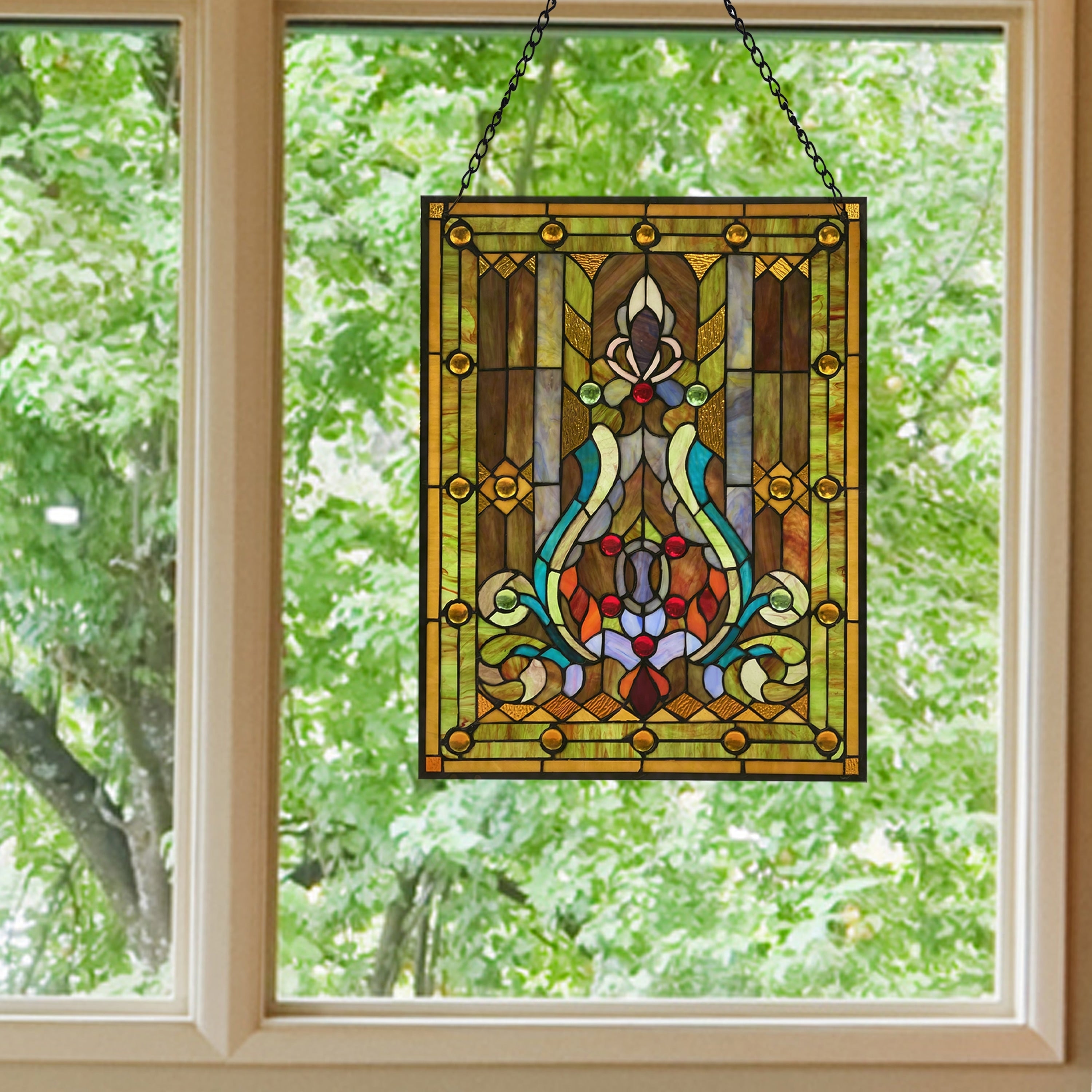 River of Goods Multicolor Stained Glass 24.75-inch High Fleur de Lis Window Panel - 18.875L x 0.25W x 24.75H