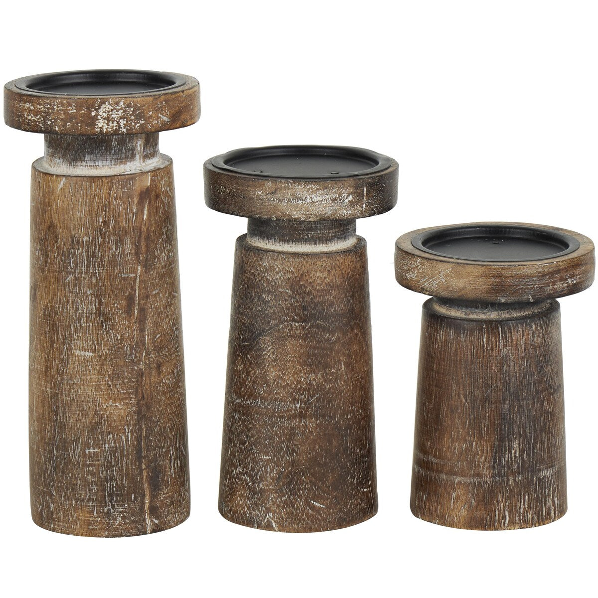 Mango Wood Handmade Carved Pillar Decorative Candle Holder - Set of 3 Light Brown or Brown - Roche River Decor