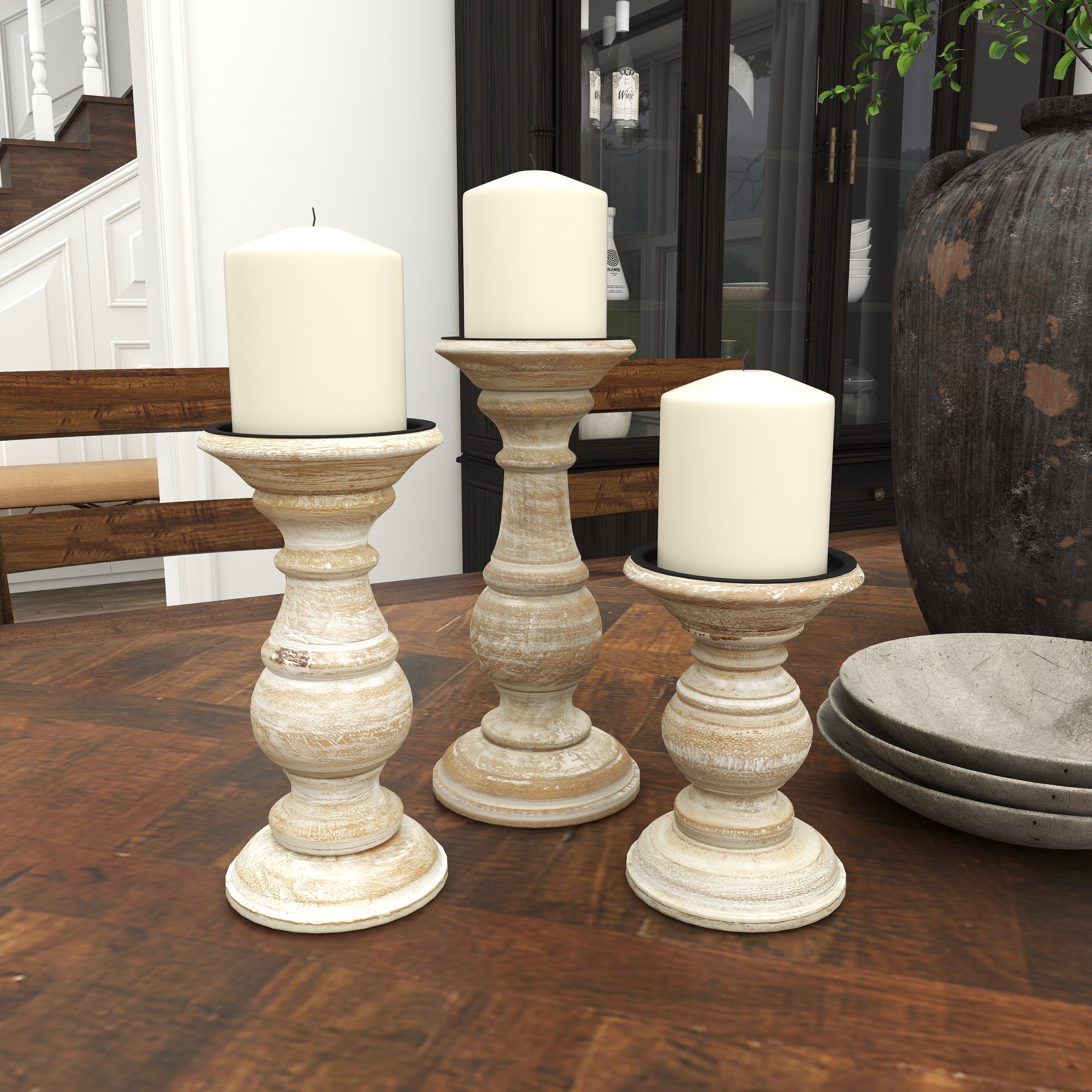 Mango Wood Turned Style Pillar Candle Holder (Set of 3) - White, Brown, Gold, Black, Light Blue, Cream, Silver