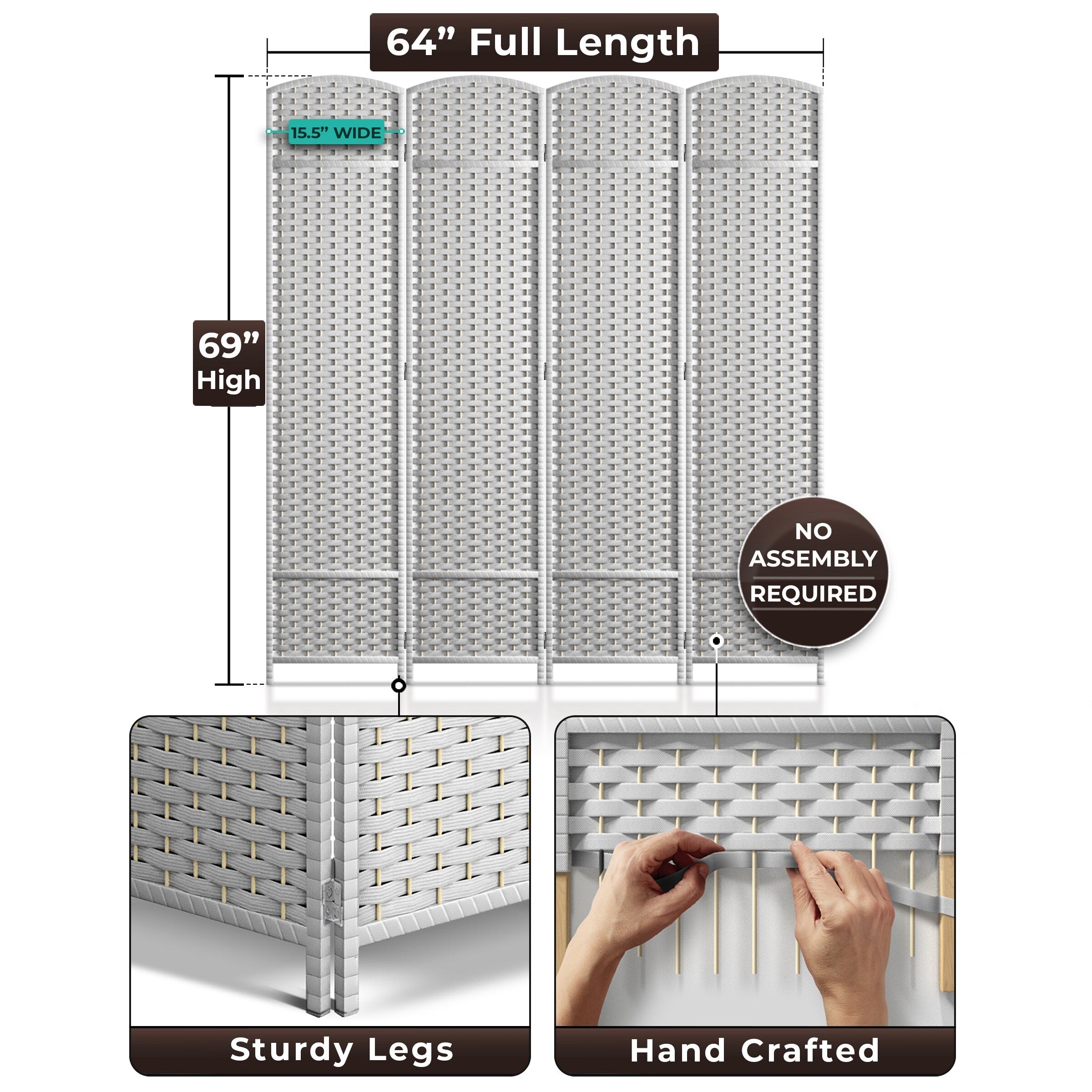 Sorbus 4 Panel Room Divider Tall Privacy Partition Screen Extra Wide Double Hinged Mesh Hand-Woven Folding Wall Divider - 6ft