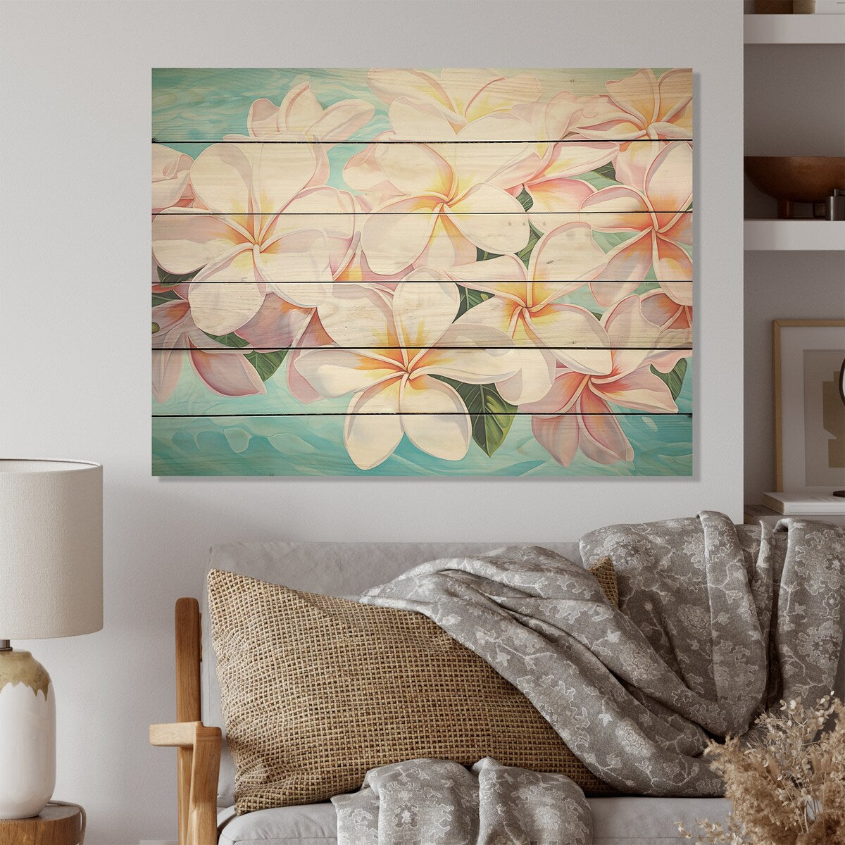 Designart White Plumeria Harmony By The Sea Plumeria Wood Wall Decor - Traditional Wood Panel On Natural Pine Wood