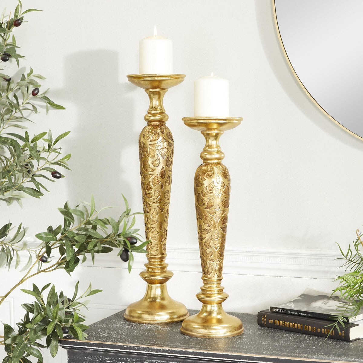 Polystone Pillar Decorative Candle Holder - Set of 2 Gold - Roche River Decor