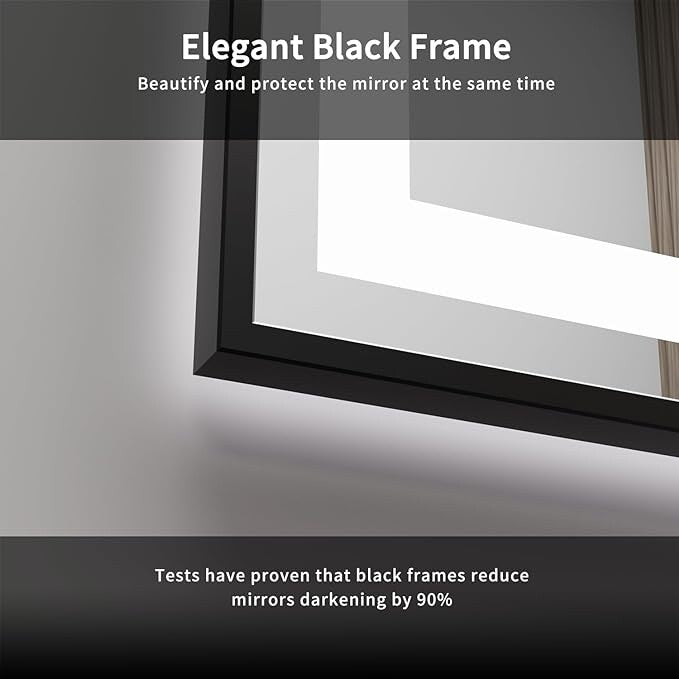 Organnice Rectangular Framed LED Anti-Fog Bathroom Wall Mirror in Black with Backlit and Front Light