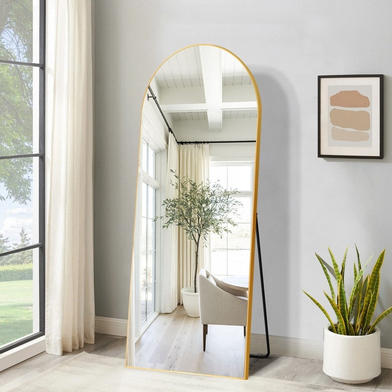 Modern Glam Arched-Top Full Length Floor Mirror Wood Frame with Stand