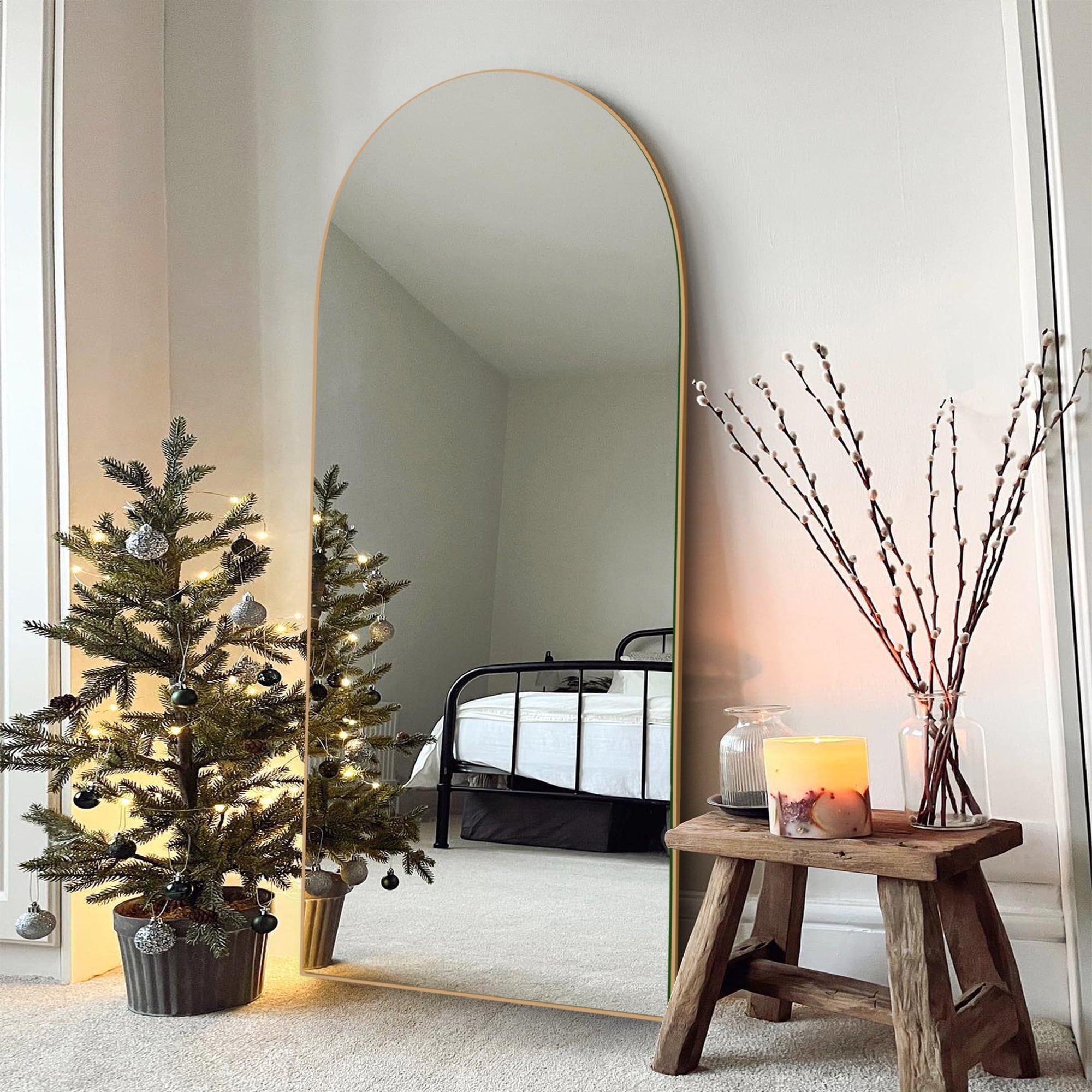 Modern Arched Full-Length Wood Floor Standing Mirror