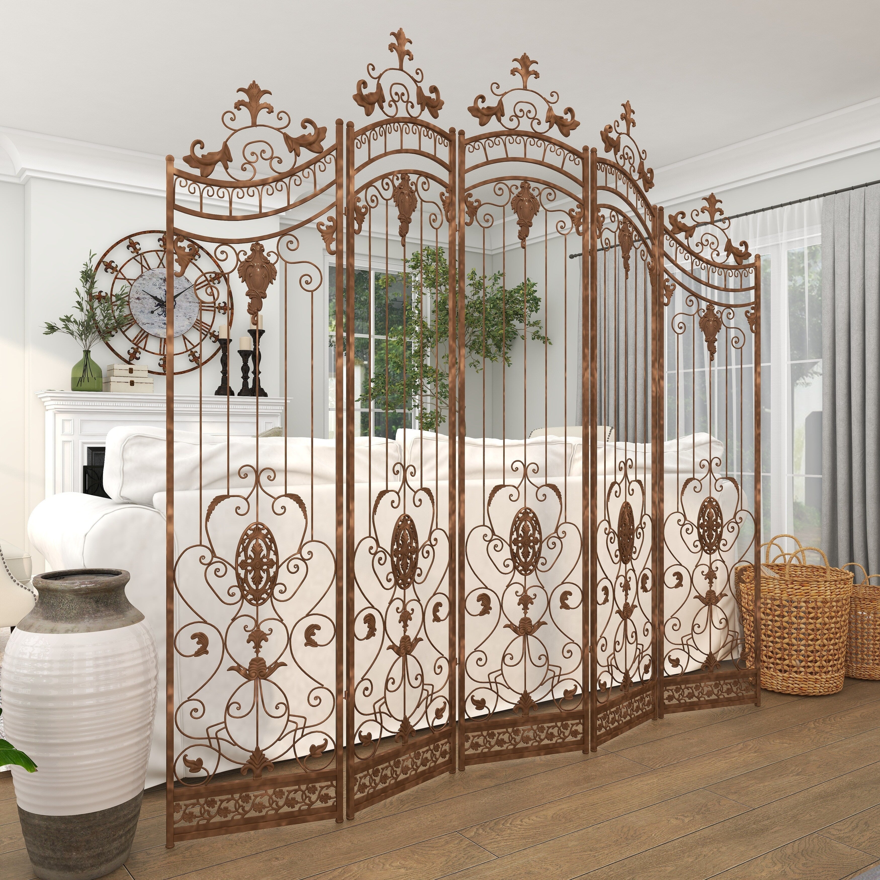 Metal Hinged Foldable Arched Partition 5 Panel Room Divider Screen with Relief Acanthus Design - Bronze - Roche River Decor