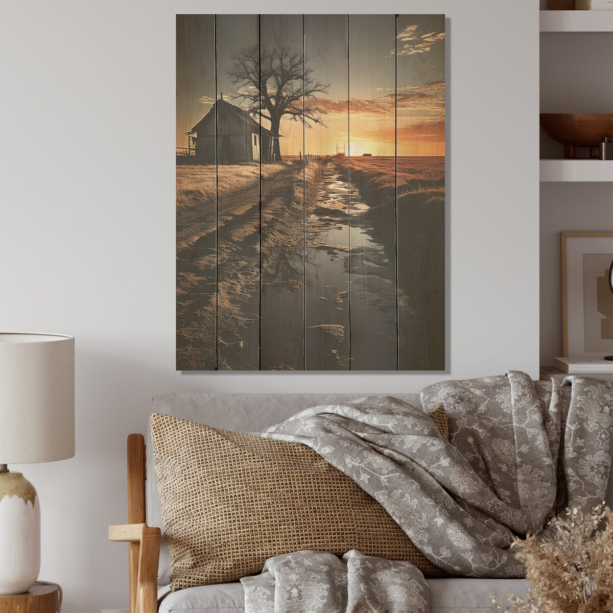 Designart Sunrise Horizon On Barn Photo Barn Wood Wall Decor - Traditional Beige Wood Panel On Natural Pine Wood