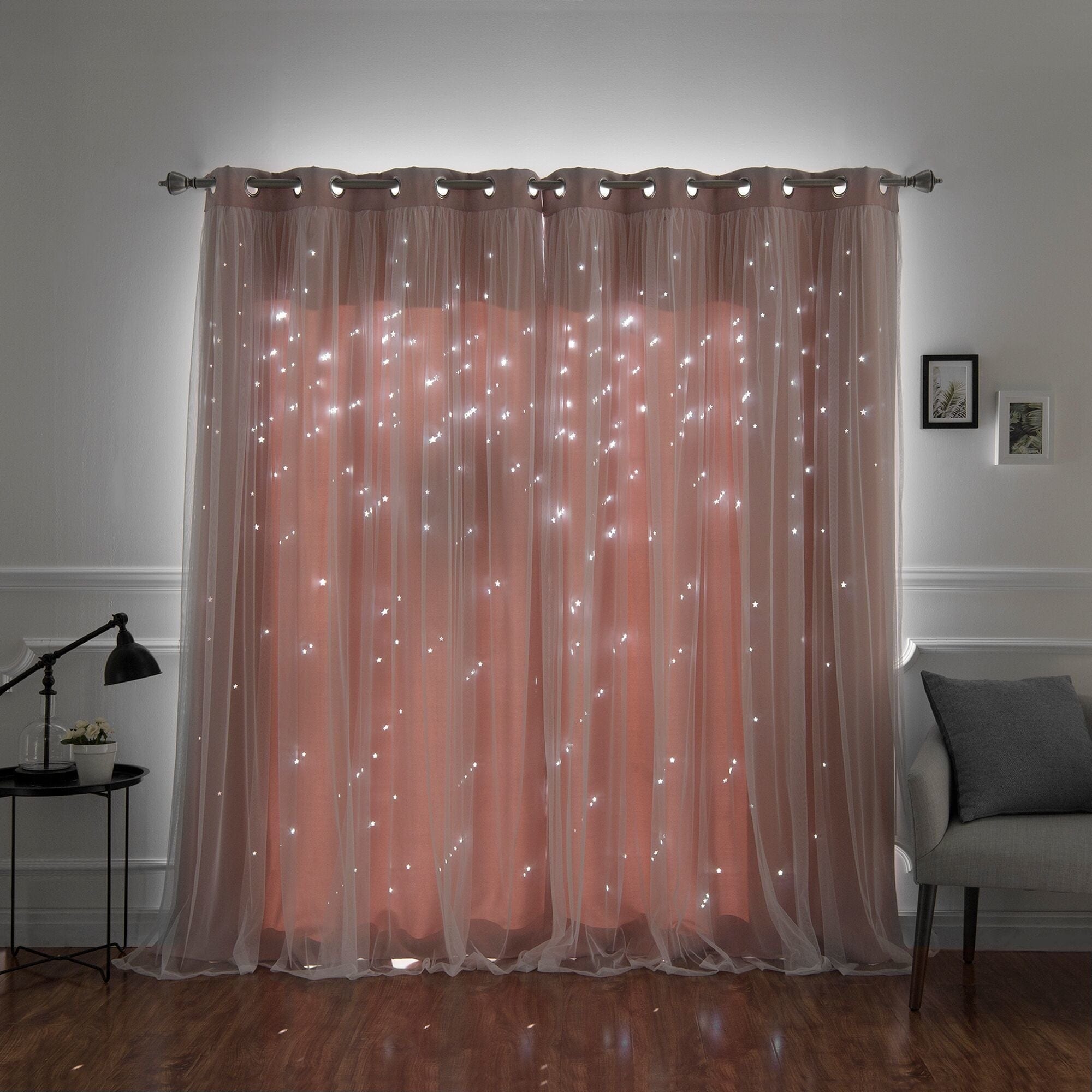 Aurora Home Star Punch Tulle Overlay Blackout Curtain Panel Pair