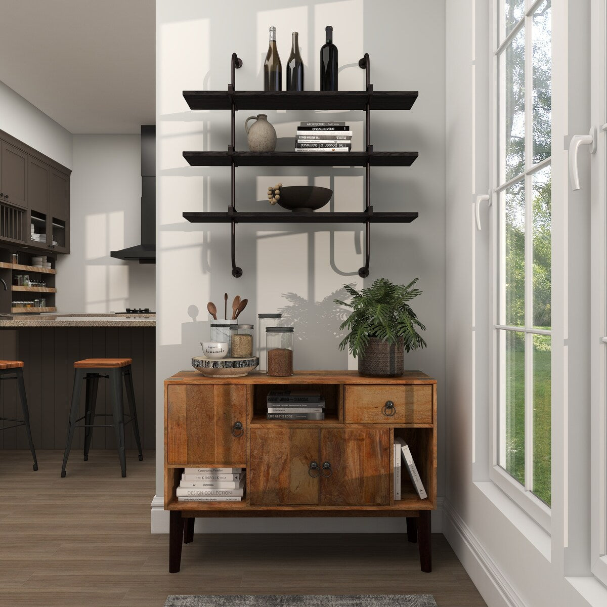 Wood 2 or 3 Level Wall Shelf with Black Metal Brackets - Brown or Gray - Roche River Decor