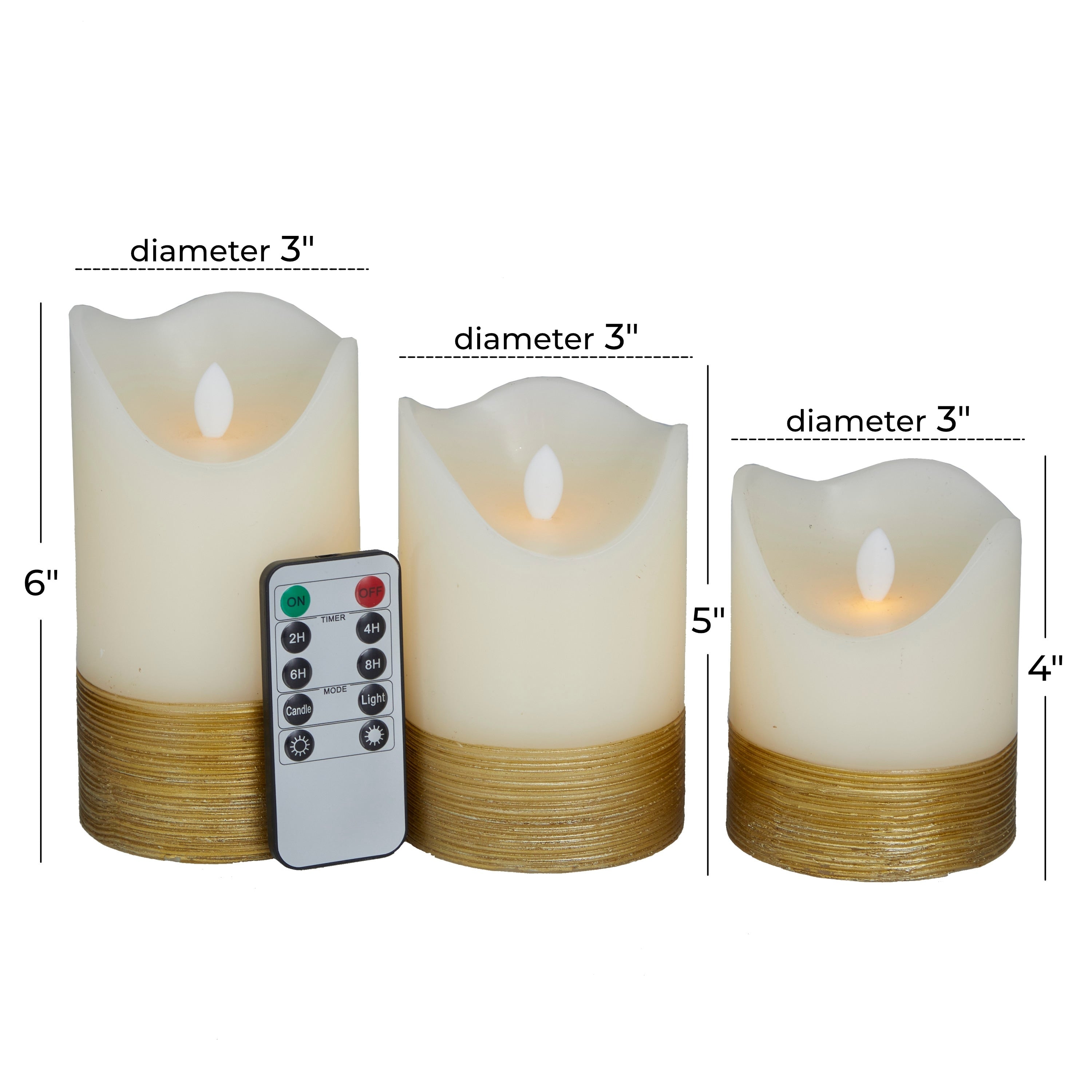 Silver, Cream, Red or Gold Wax Gold Base Flameless Candle with Remote Control (Set of 3) - S/3 6, 5, 4H