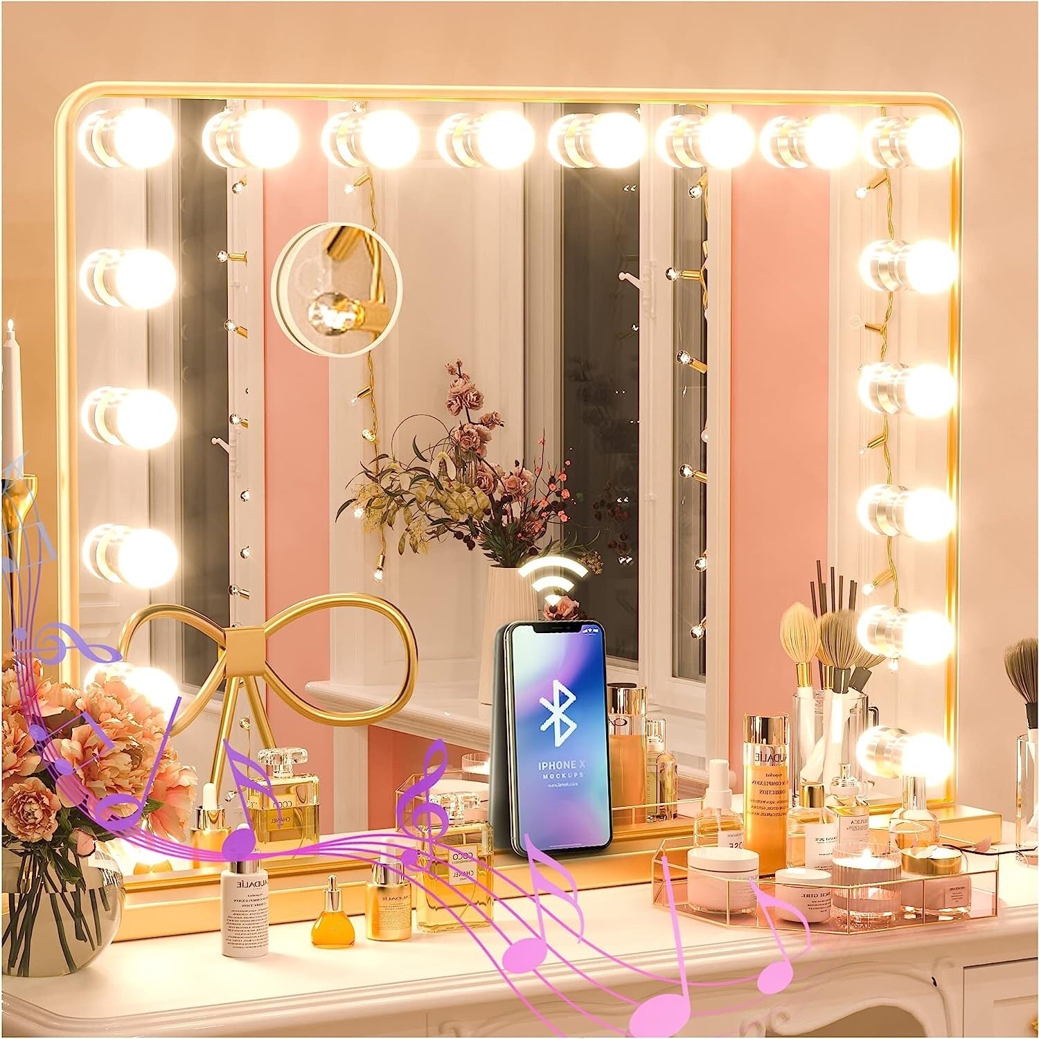 KEONJINN Hollywood Vanity Mirror with 15/18 LEDs Lights and Bluetooth Speakers