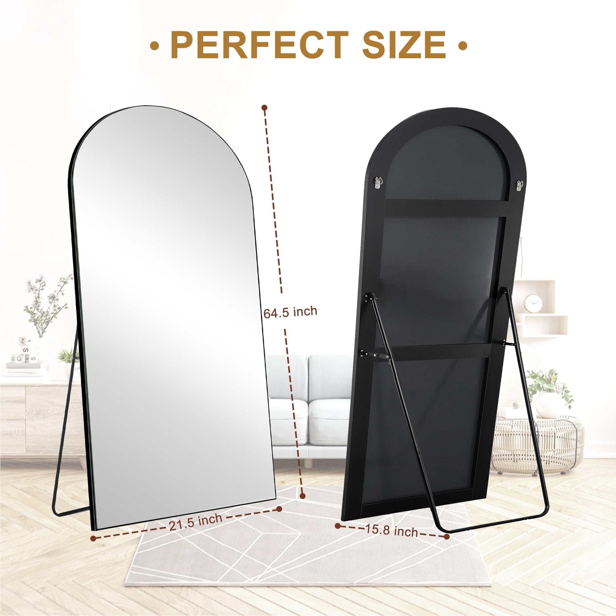 Modern Arched Full-Length Wood Floor Standing Mirror