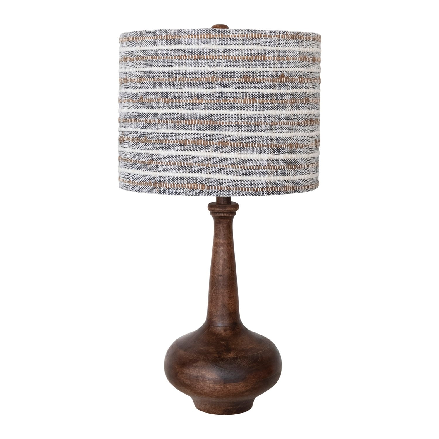 Mango Wood Table Lamp with Woven Cotton and Linen Striped Shade