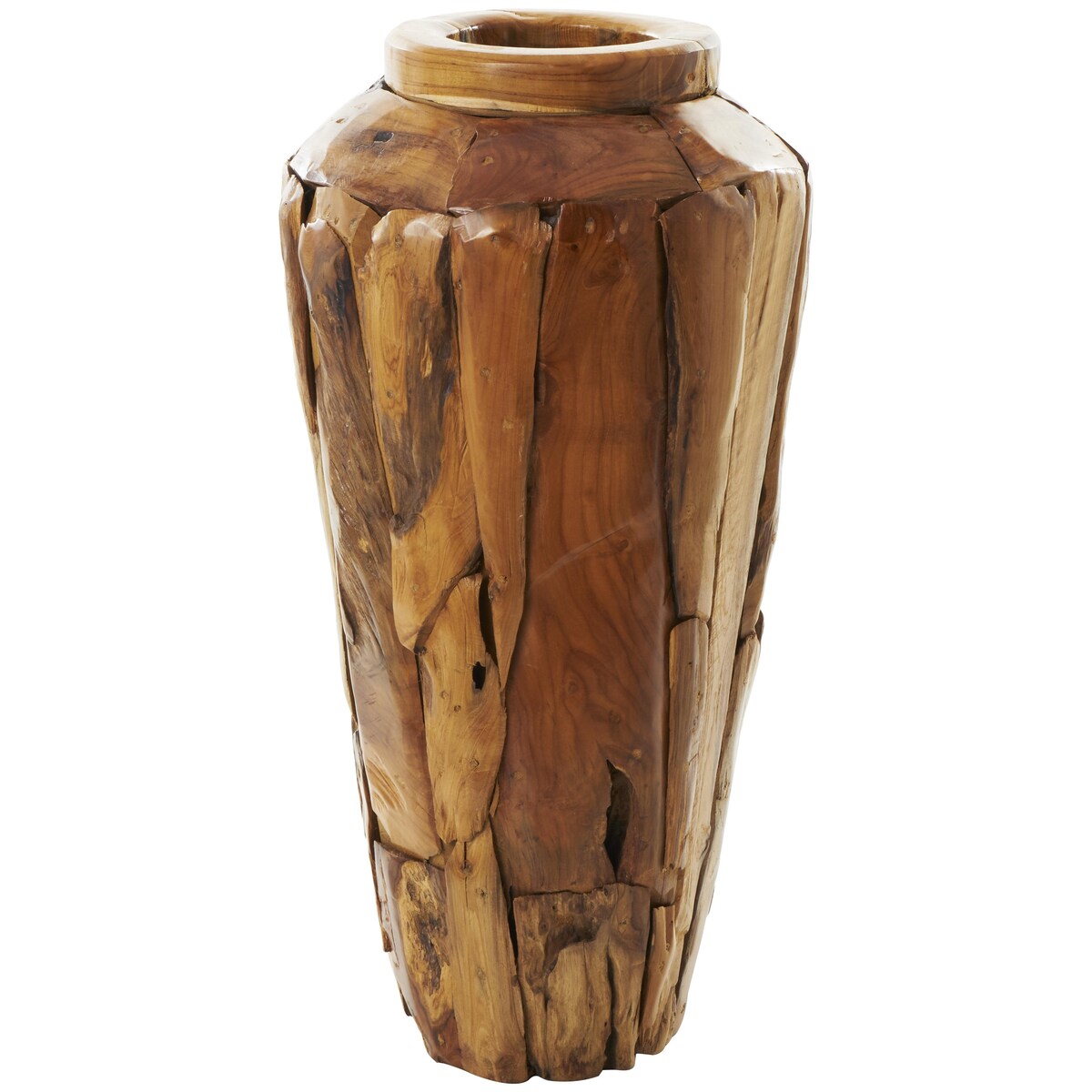 Teak Wood Handmade Floor Decorative Vase with Mosaic Live Edge Pieces - Brown - Roche River Decor