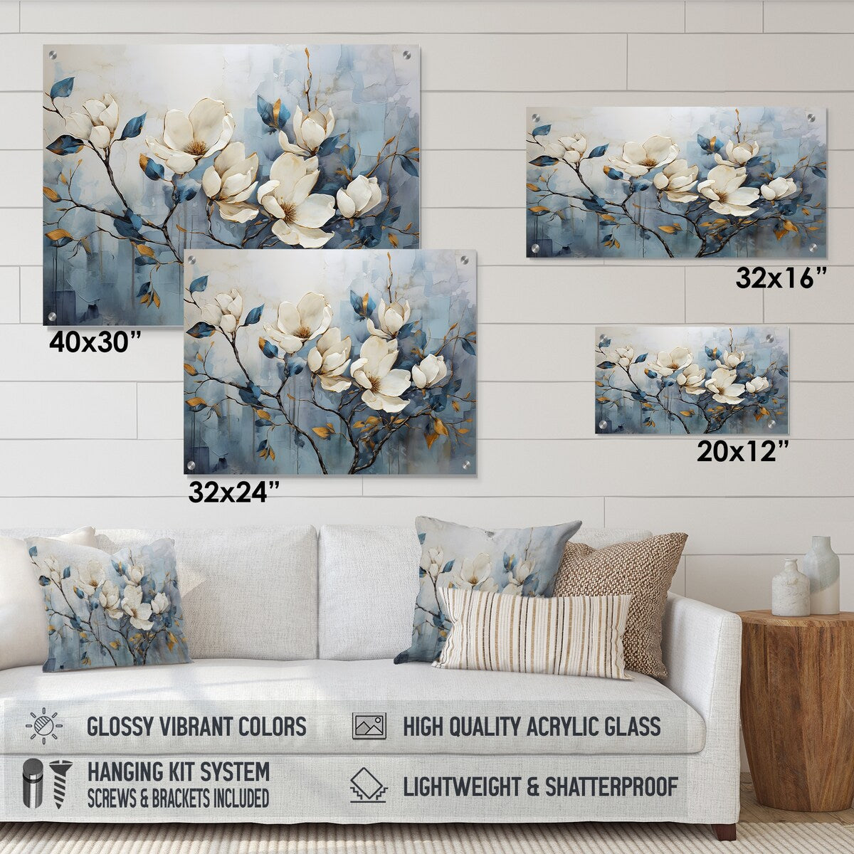 Designart Elegant White And Blue Magnolias Tranquility Magnolias White - Traditional Acrylic Wall Art For Dinning Room