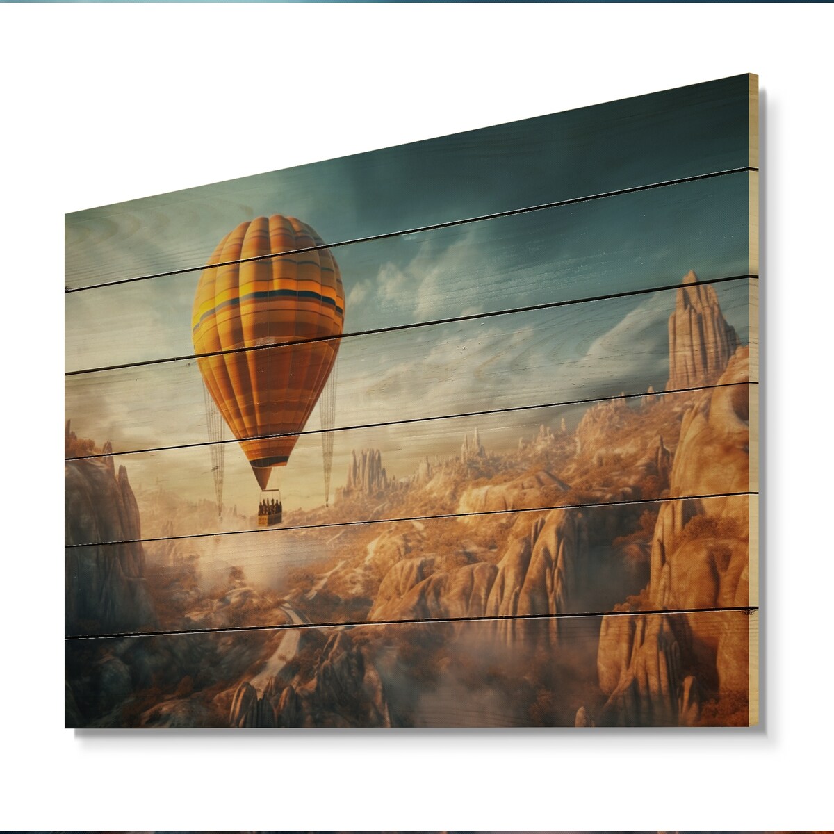 Designart Yellow Hot Air Ballon Panoramic I Transportation Print on Natural Pine Wood