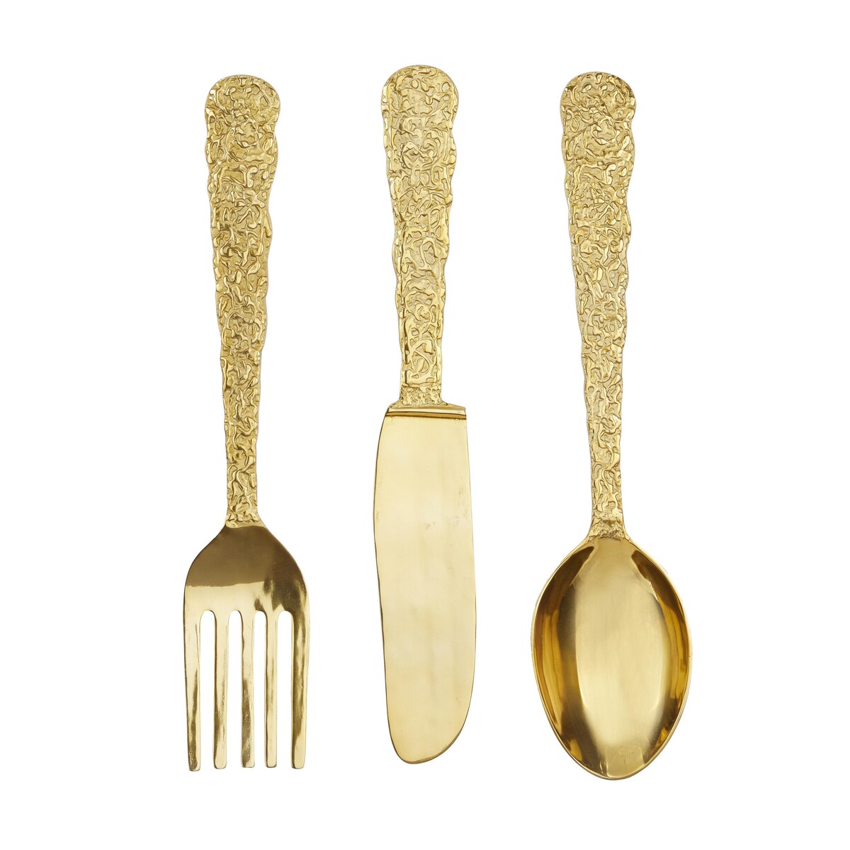 Aluminum Metal Utensils Knife, Spoon and Fork Home Wall Decor - Set of 3 Gold - Roche River Decor