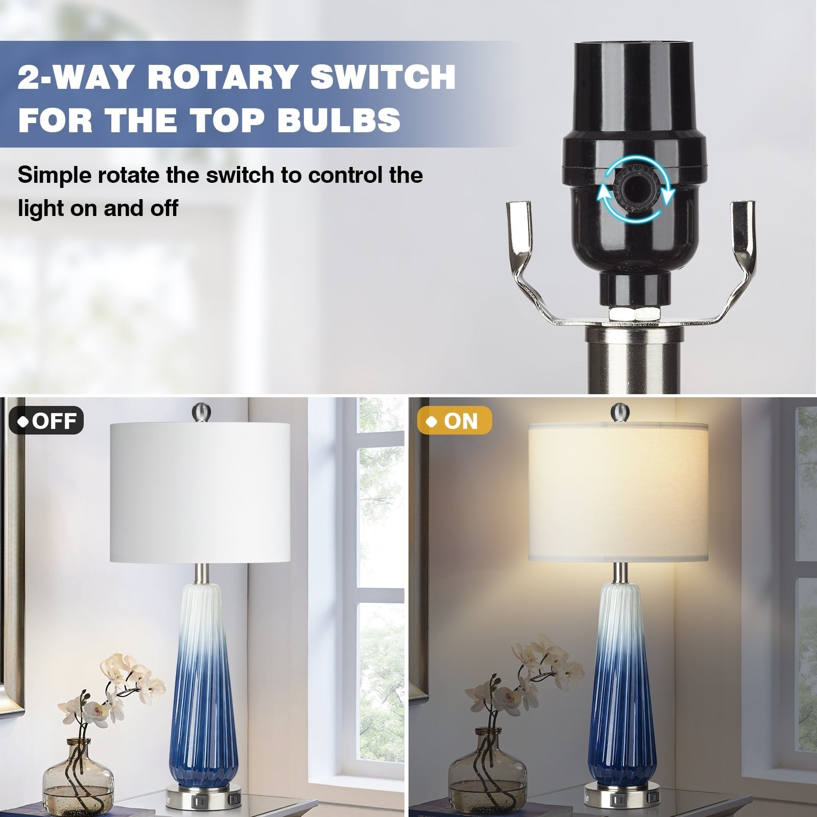 Table Lamps Nightlight 2in1 Glass Blue Ripple Style with Rotary Switch Touch Switch (Set of 2) - 12'' x 12'' x 27'' (L x W x H)