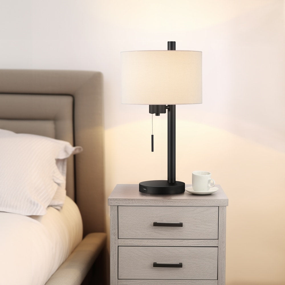 23-in Black Modern Table Lamp with USB Port and White Linen Shade - 23H