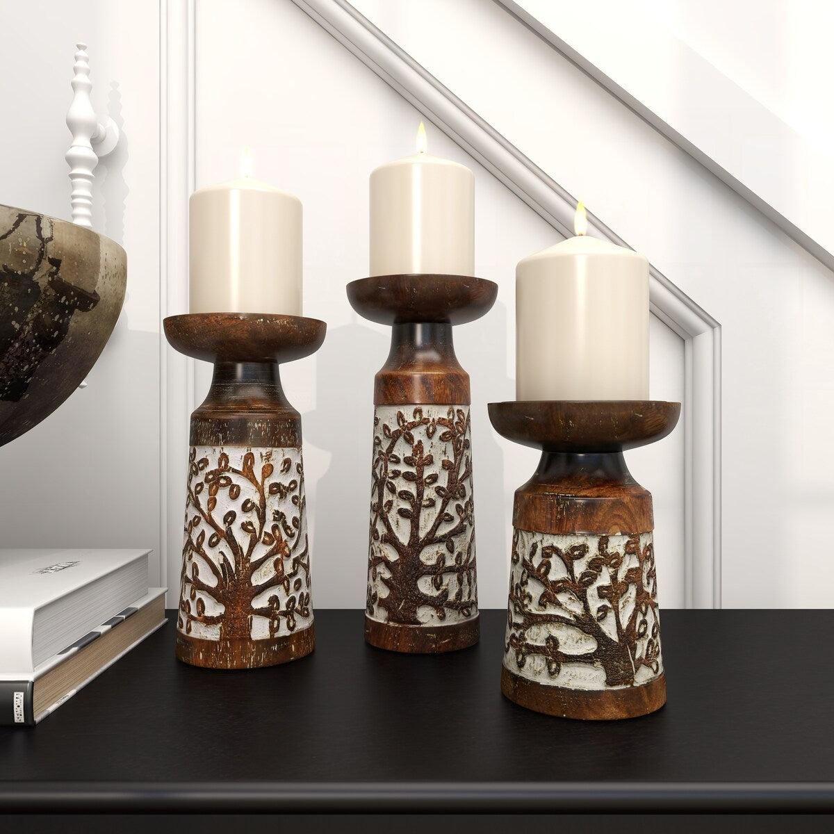 Mango Wood Handmade Carved Pillar Decorative Candle Holder - Set of 3 Light Brown or Brown - Roche River Decor