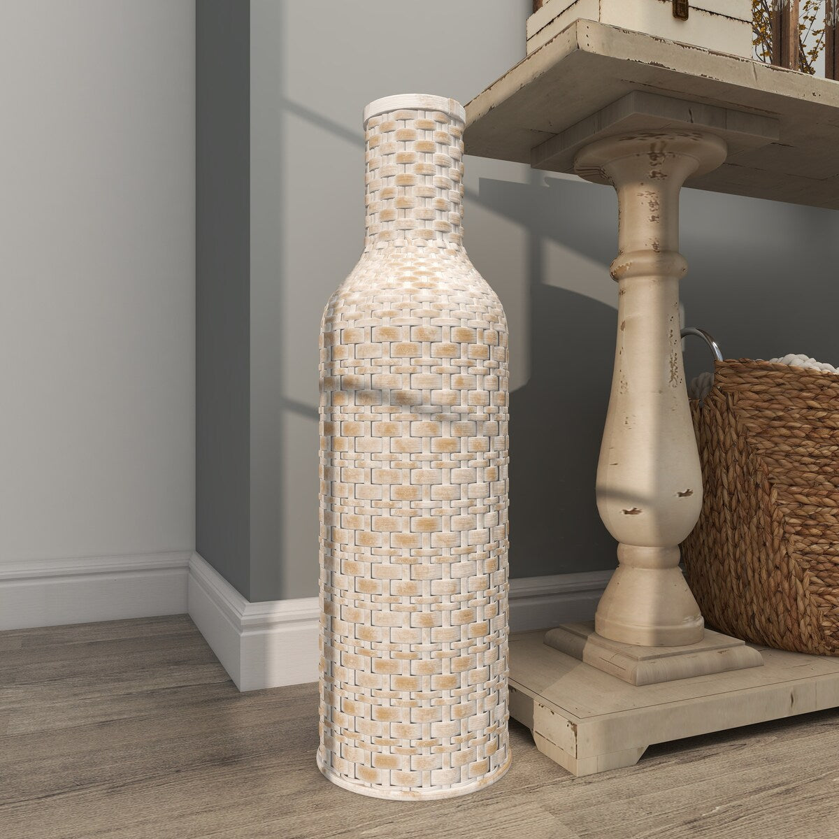 Bamboo Wood Tall Woven Floor Decorative Vase - White - Roche River Decor