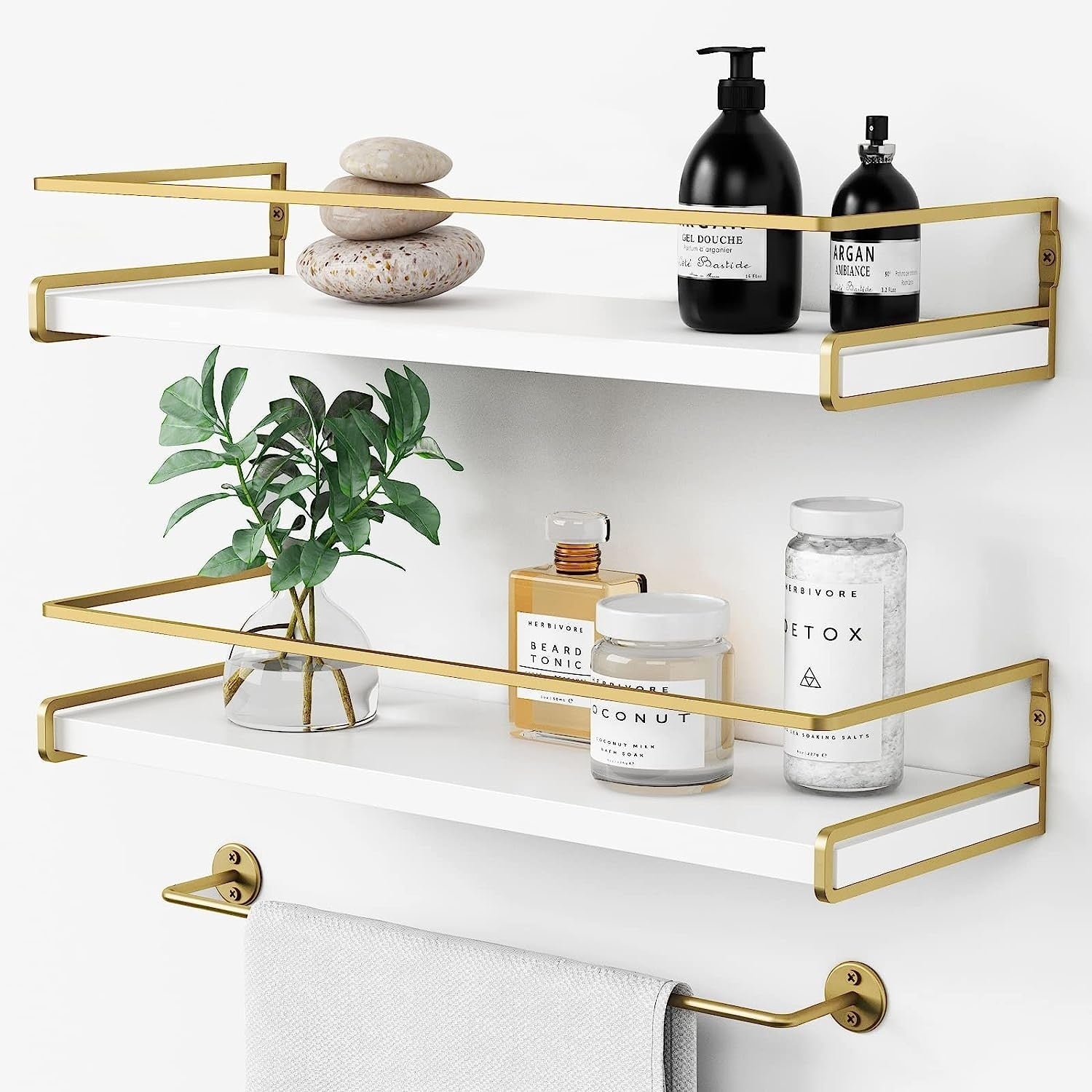 Decorative Wall Shelves Set of 2 for Bathroom with Towel Bar