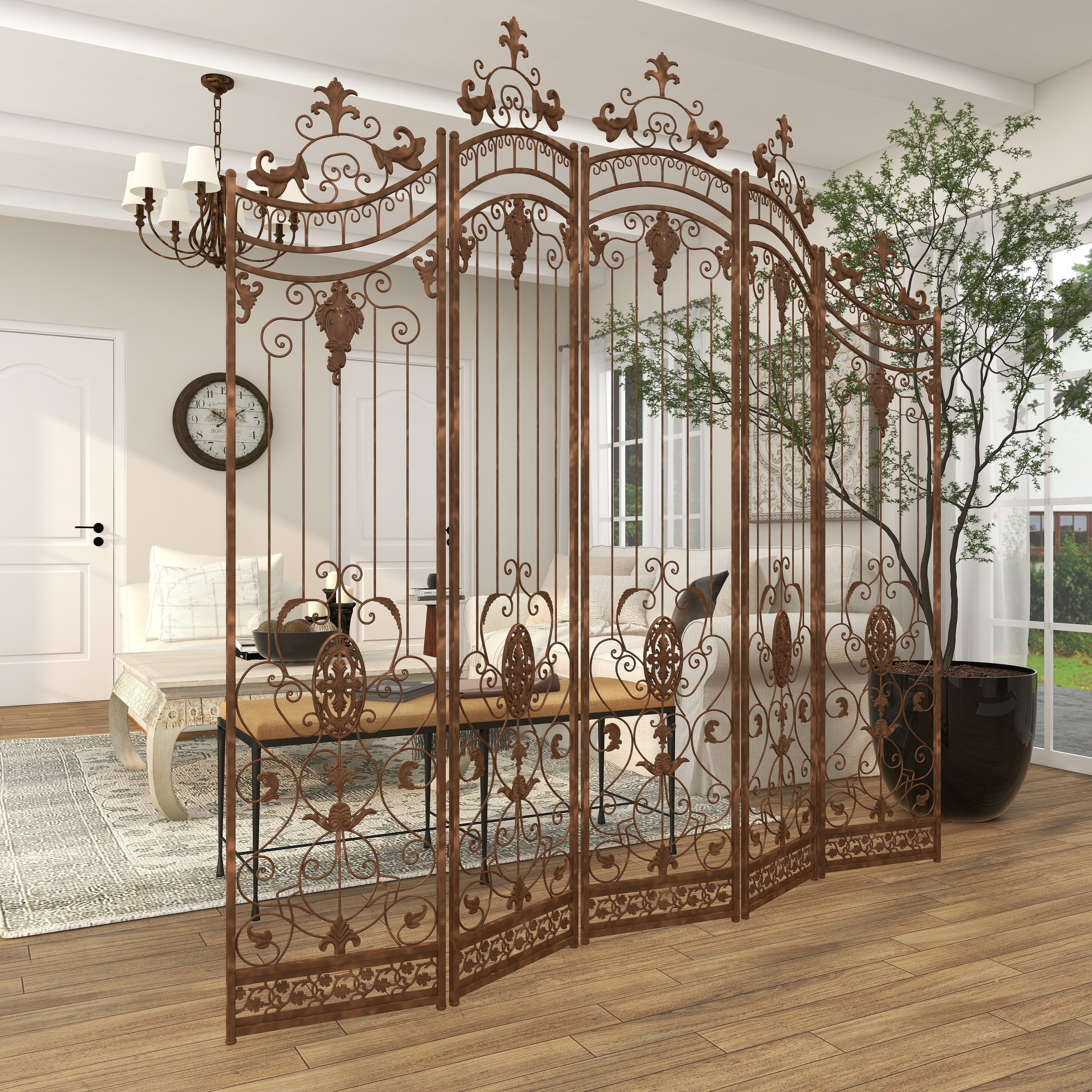 Metal Hinged Foldable Arched Partition 5 Panel Room Divider Screen with Relief Acanthus Design - Bronze - Roche River Decor