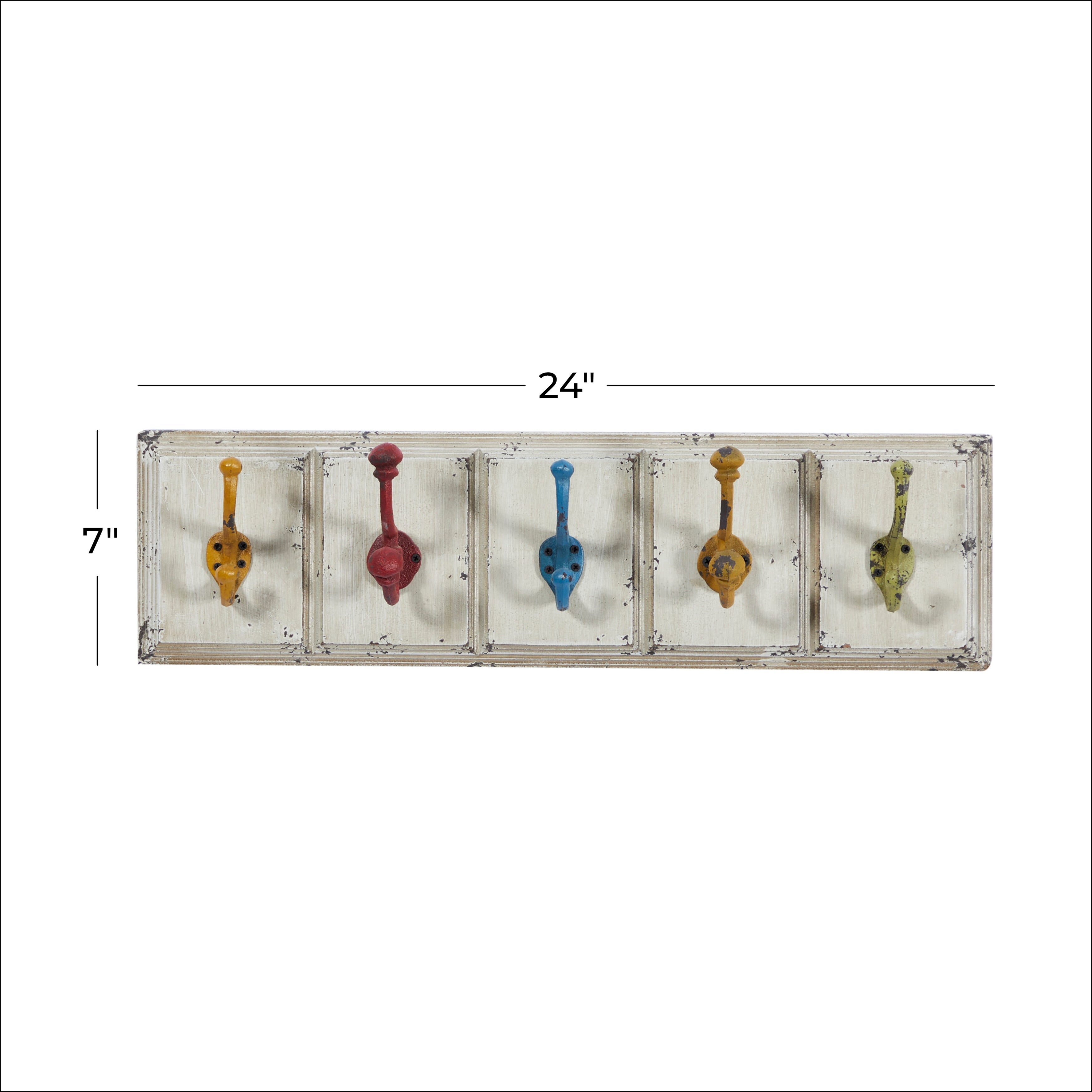 Wooden 5 Hangers Wall Hook with Multi Colored Hooks - White - Roche River Decor - 4W x 24L x 7H