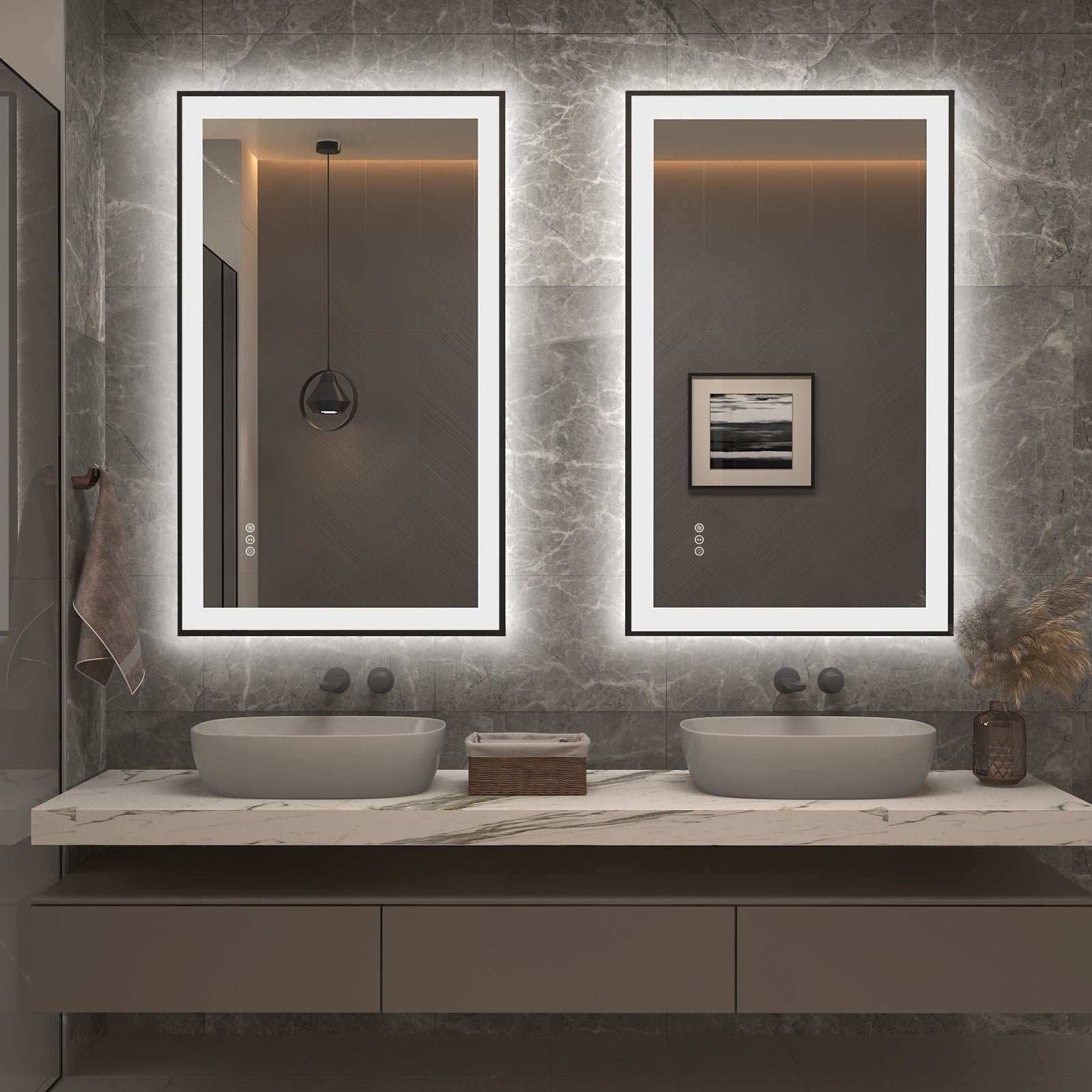 Apmir Metal Black Frame Back & Front LED Lighted Bathroom Vanity Mirror with Anti-Fog Tempered Glass