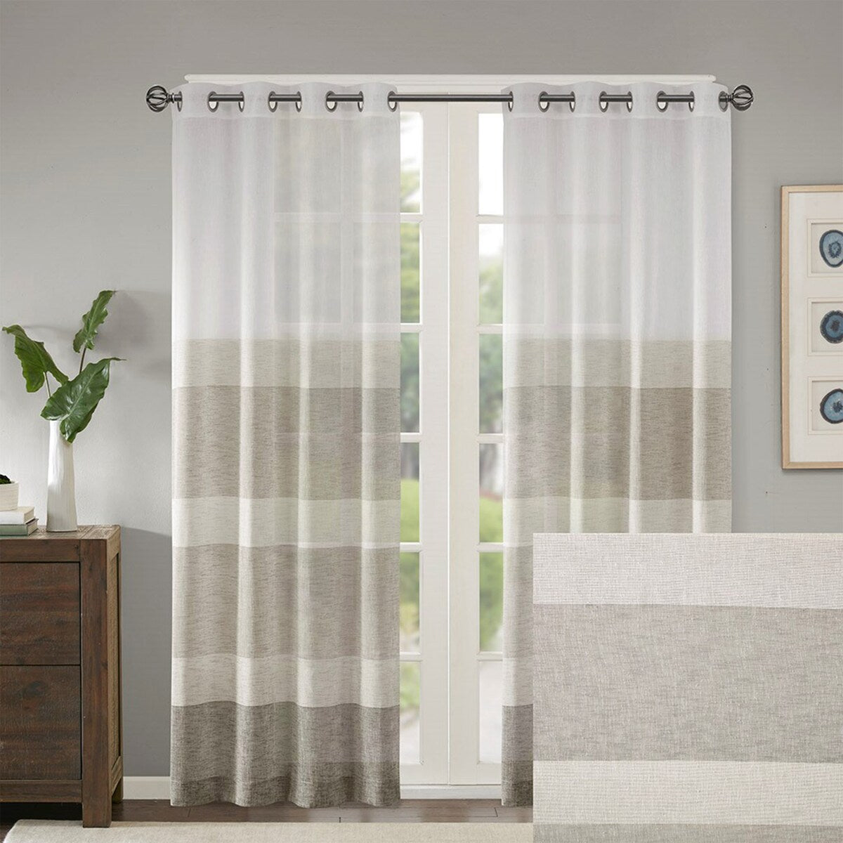 Woven Faux Linen Striped Window Sheer(1 Window Sheer)