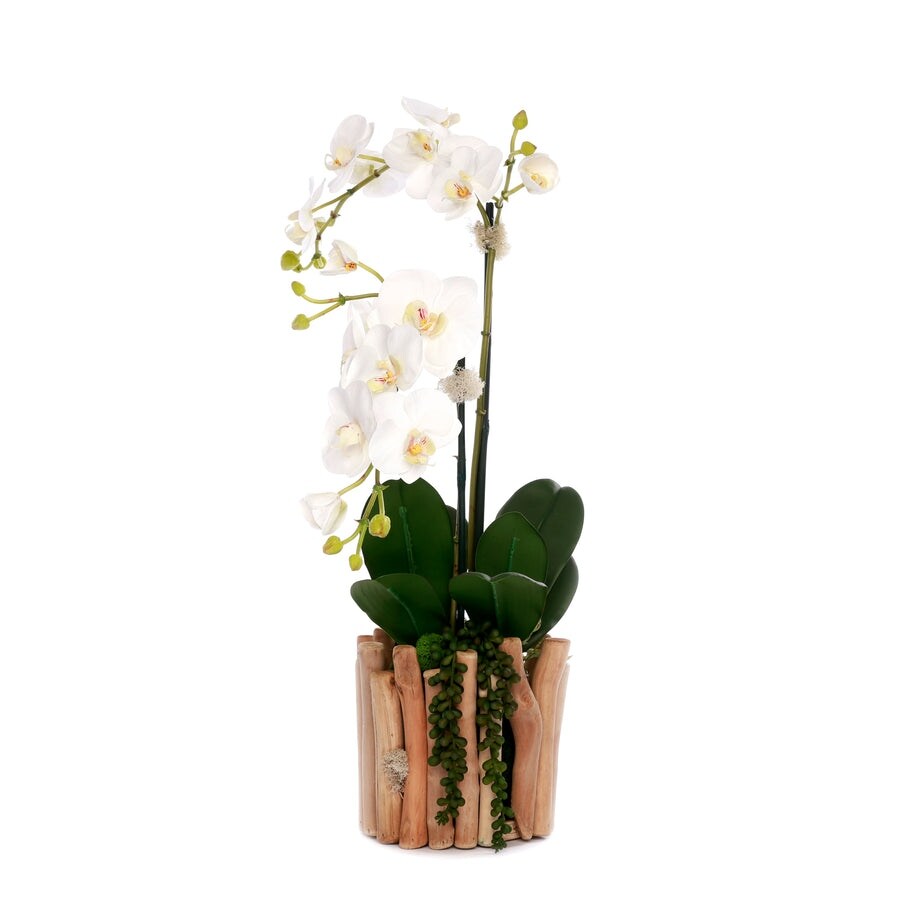 Real Touch Orchids in Glass Vase Wood Branches Planter - White