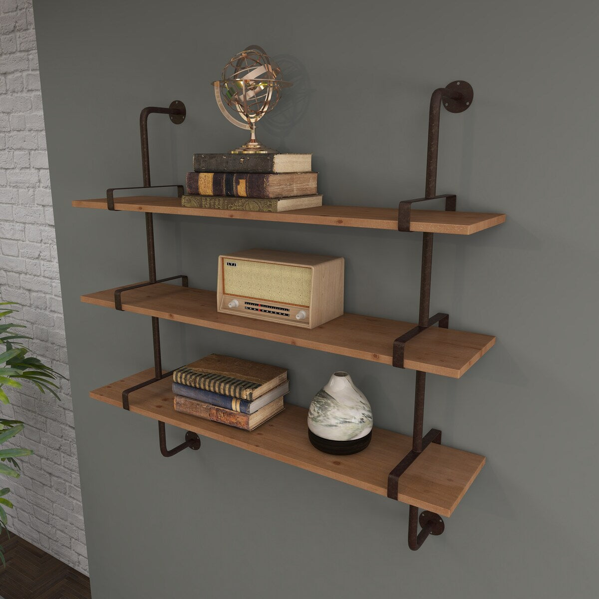 Wood 2 or 3 Level Wall Shelf with Black Metal Brackets - Brown or Gray - Roche River Decor