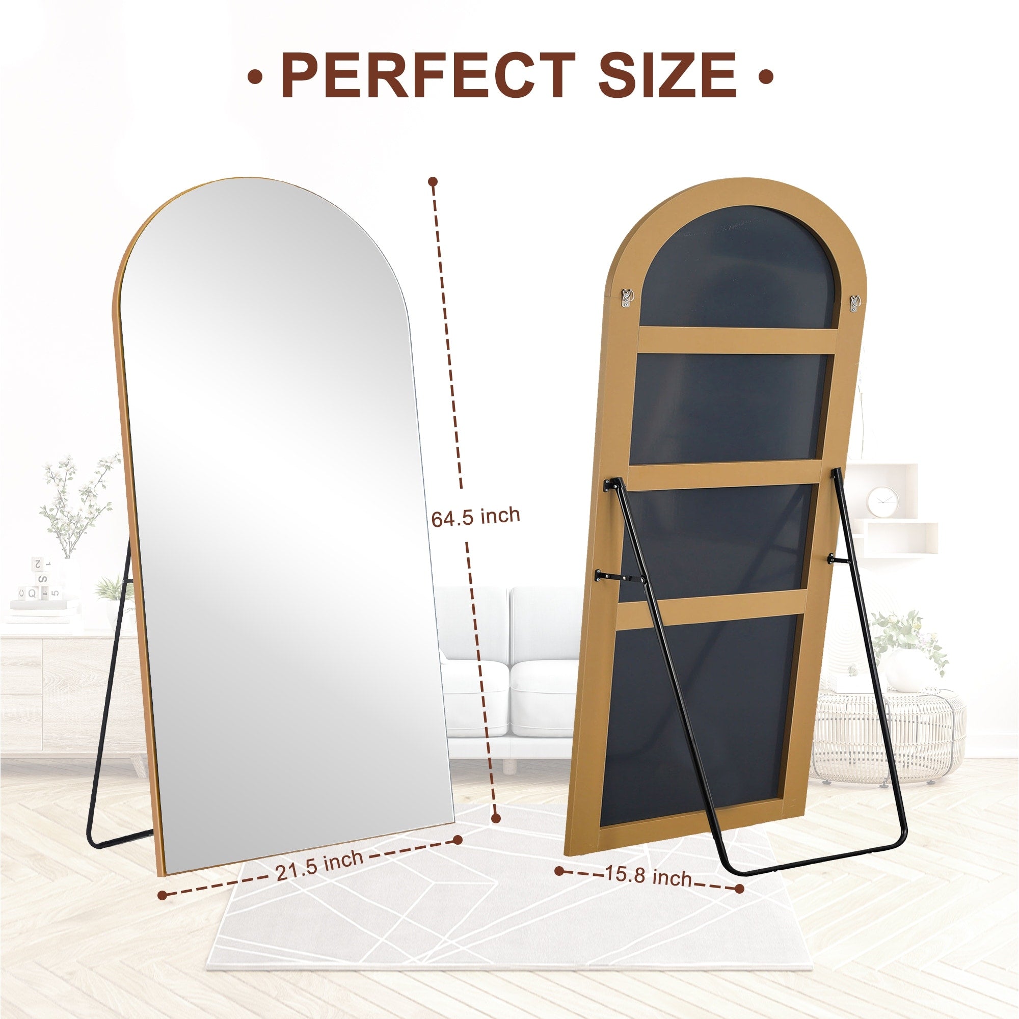 Modern Arched Full-Length Wood Floor Standing Mirror