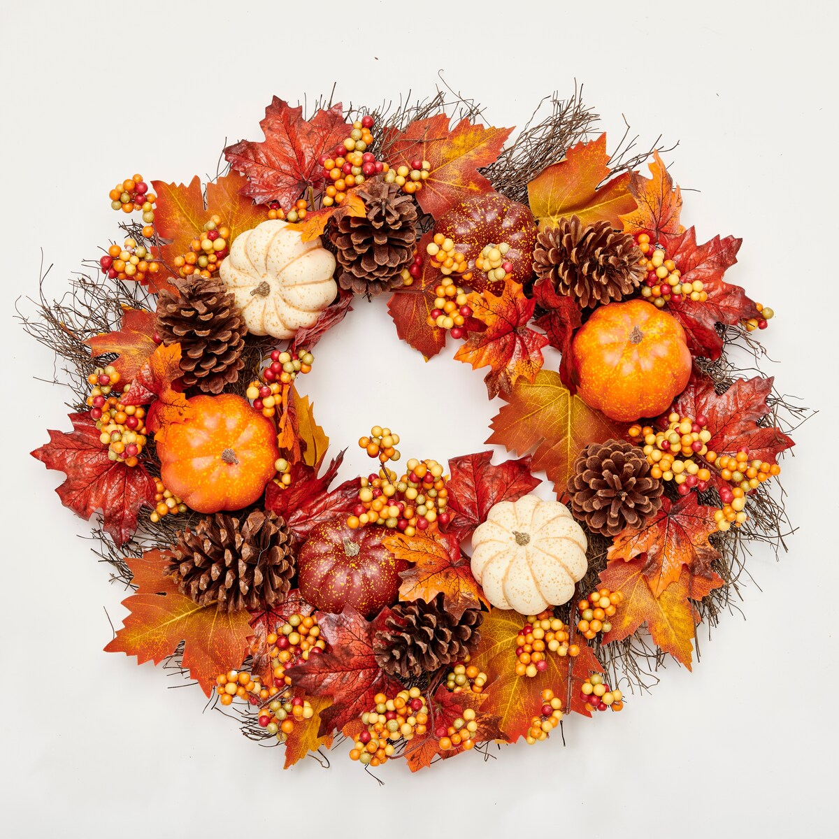 24 Pumpkin Berries Pine Cone Wreath on Wild Twig Base