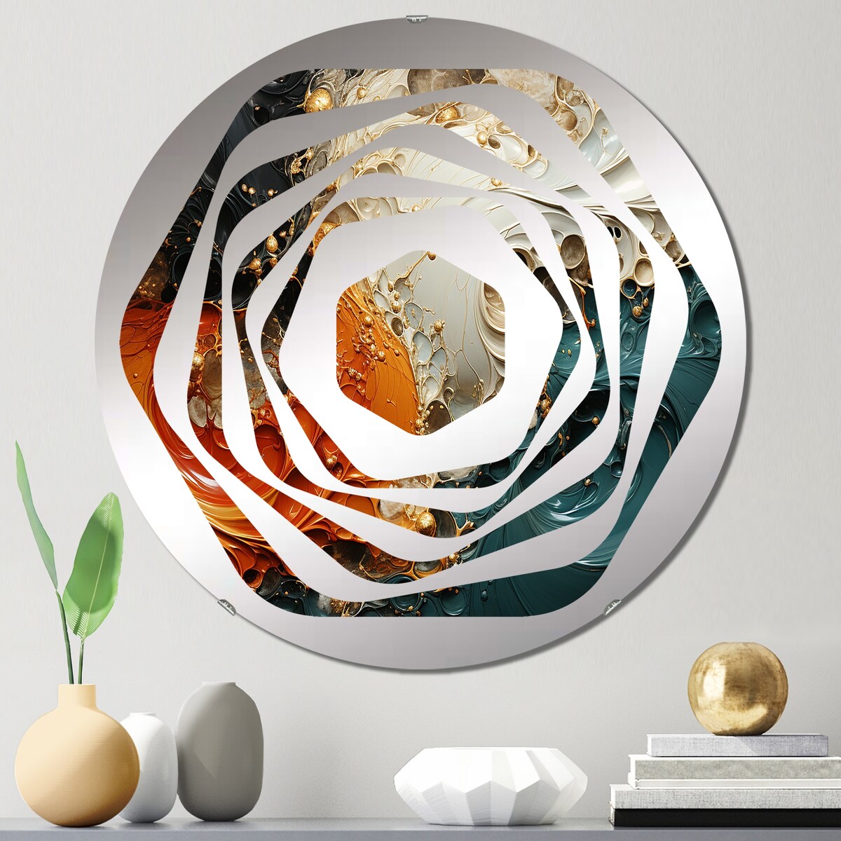 Designart Orange and gold marble lava II - Modern Abstract Painting Amorphe Decorative Mirror