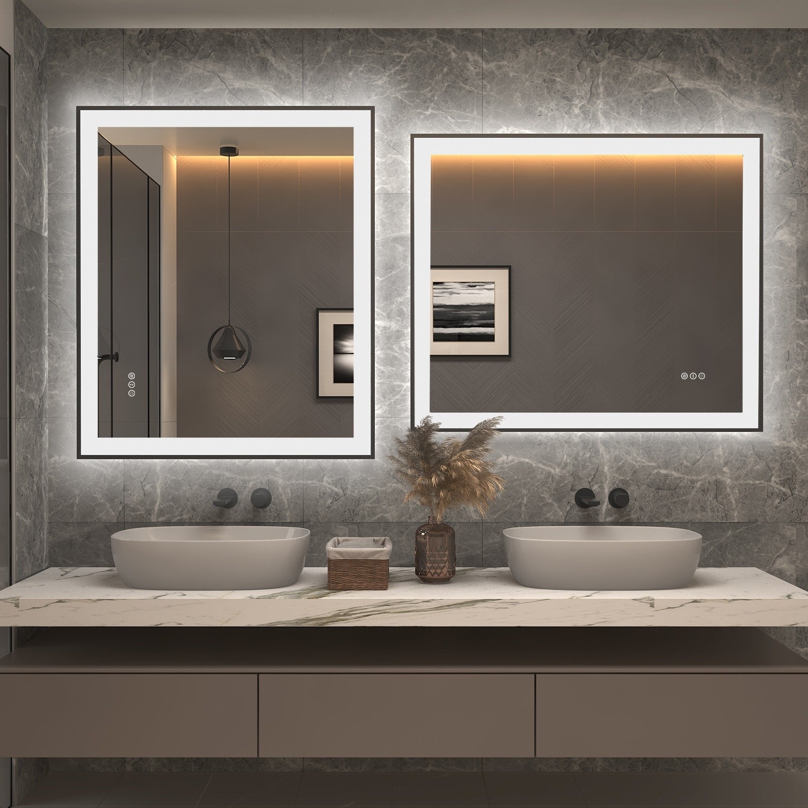 Apmir Metal Black Frame Back & Front LED Lighted Bathroom Vanity Mirror with Anti-Fog Tempered Glass