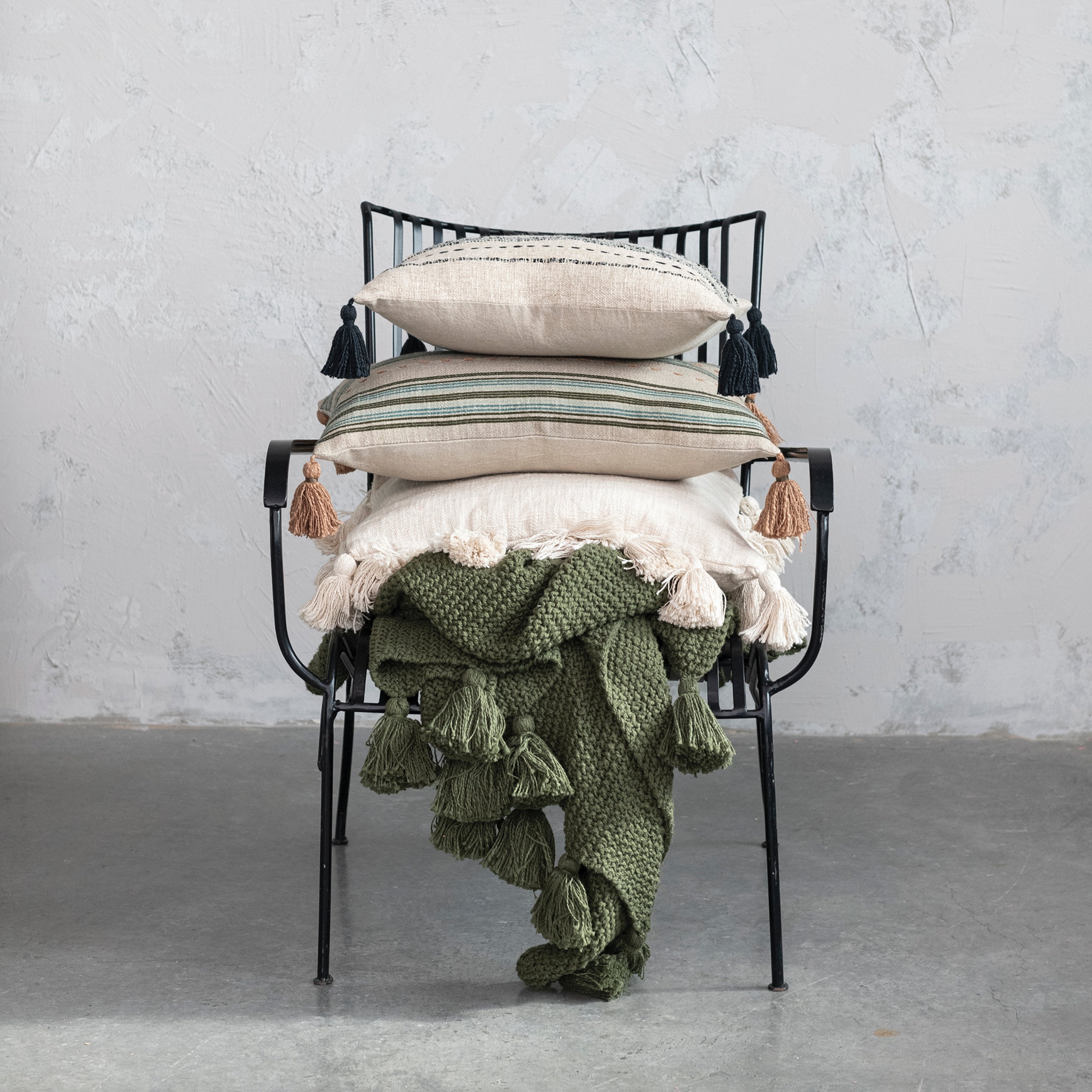 Cotton Slub Lumbar Pillow with Hand-Embroidered Stripes