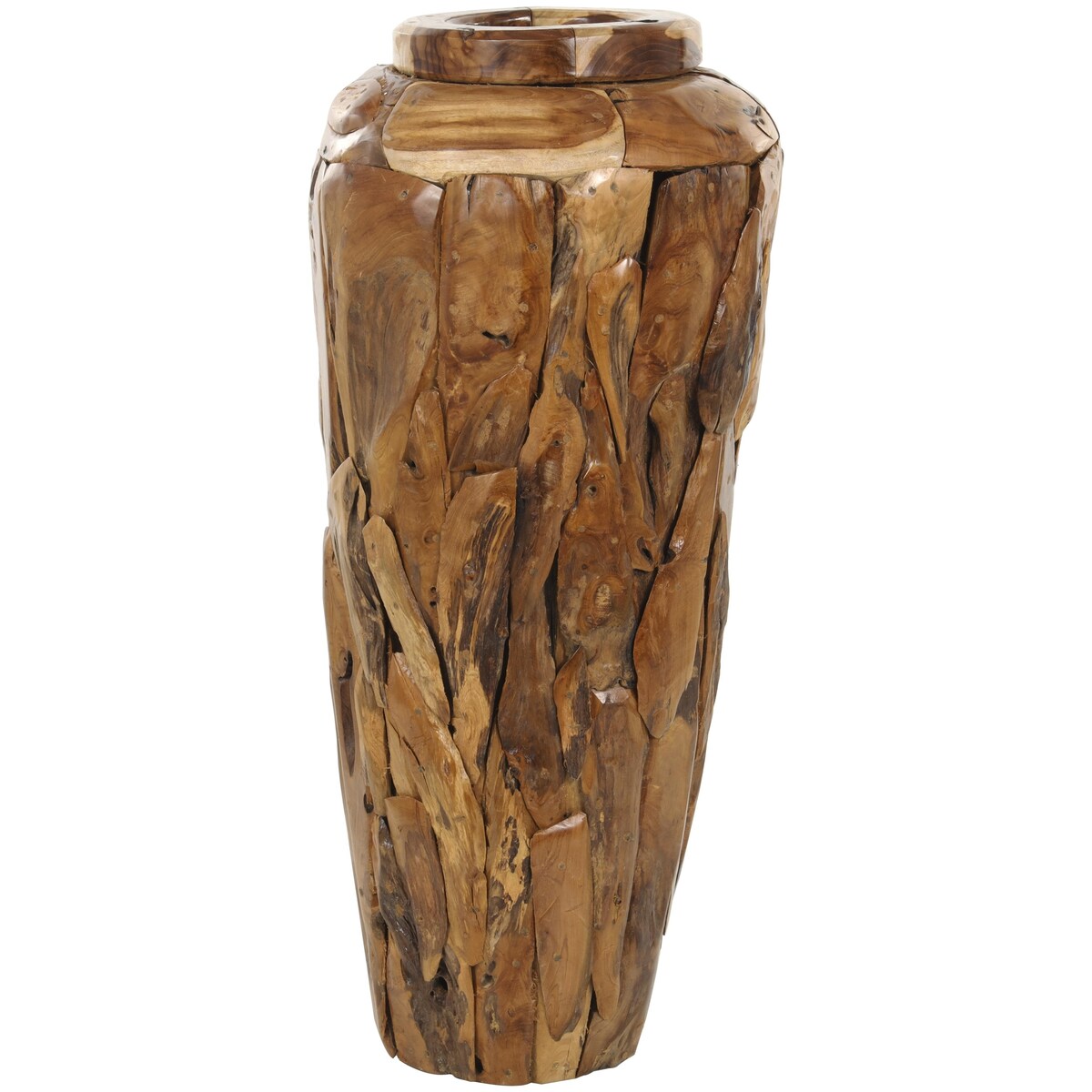 Teak Wood Handmade Floor Decorative Vase with Mosaic Live Edge Pieces - Brown - Roche River Decor