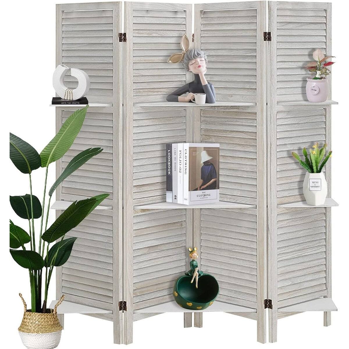 4 Panel Room Divider with Shelves,Wall Room Dividers,Folding Privacy Screens,Portable room partitions and dividers