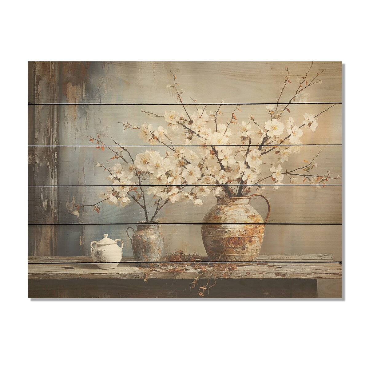 Designart Pottery And Flowers Still Life Trees Wood Wall Decor - Traditional Brown Wood Panel On Natural Pine Wood